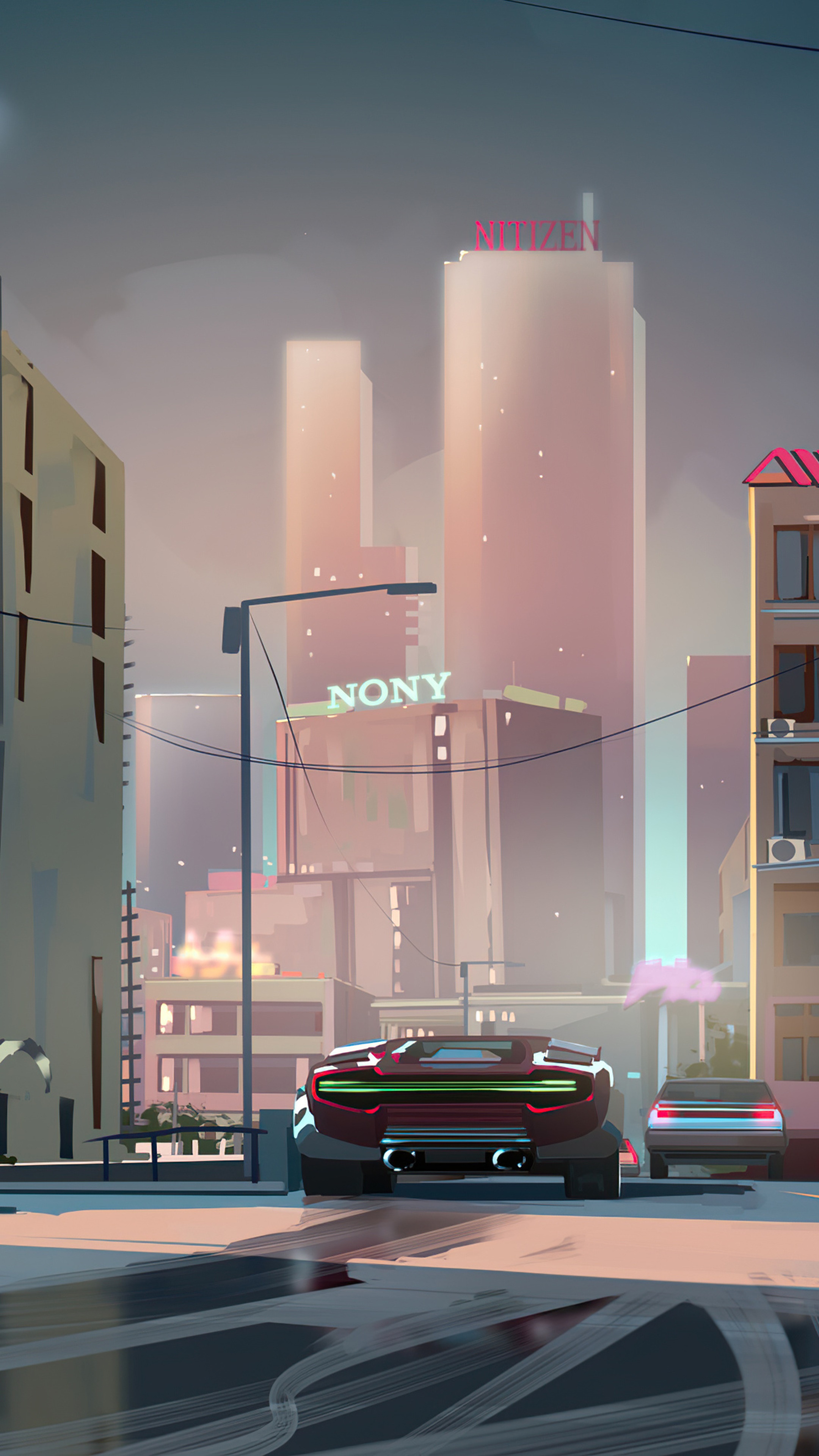 Cyberpunk Cityscape with Sports Cars HD Phone Wallpaper