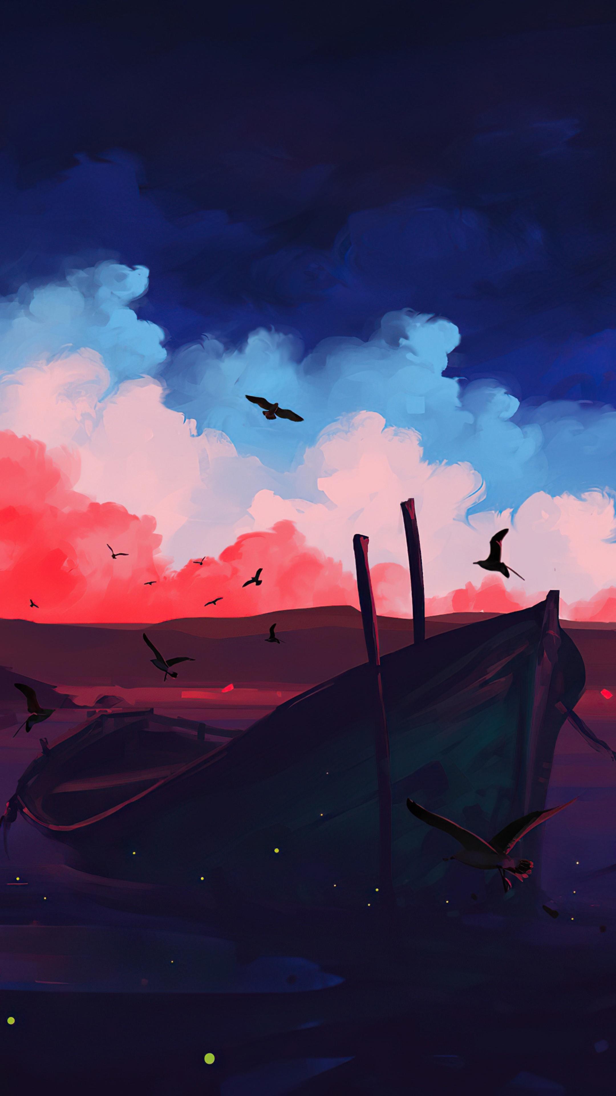 Boat with birds against a colorful sky HD Phone Wallpaper
