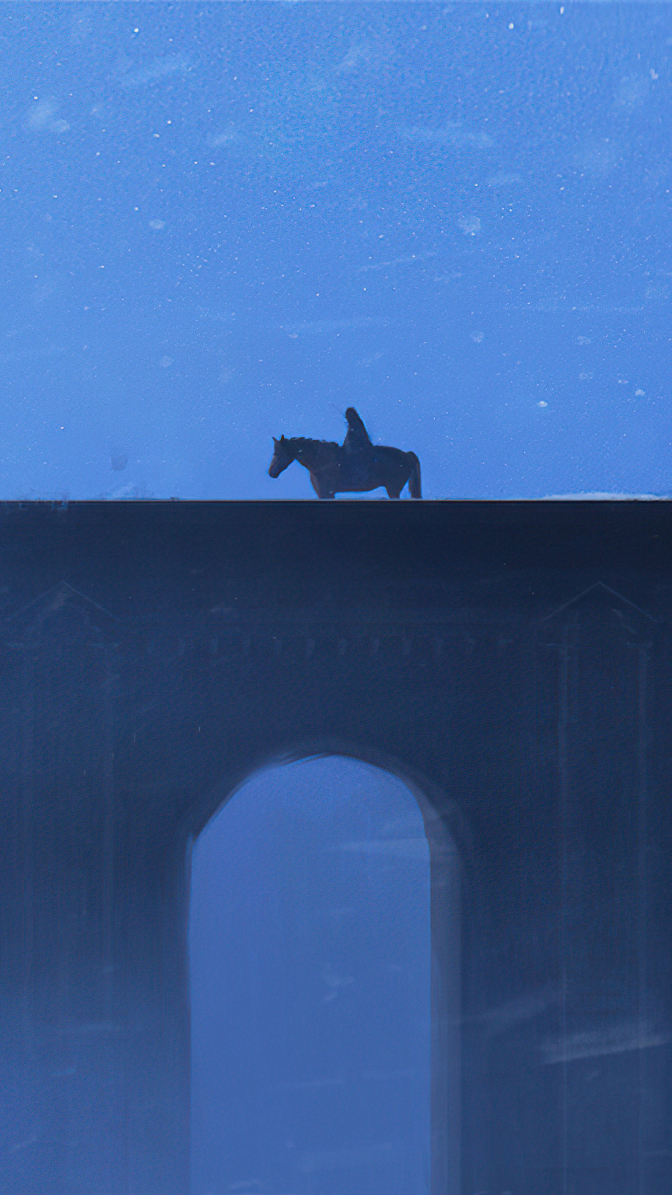 A lone rider on a horse crosses a bridge at night HD Phone Wallpaper