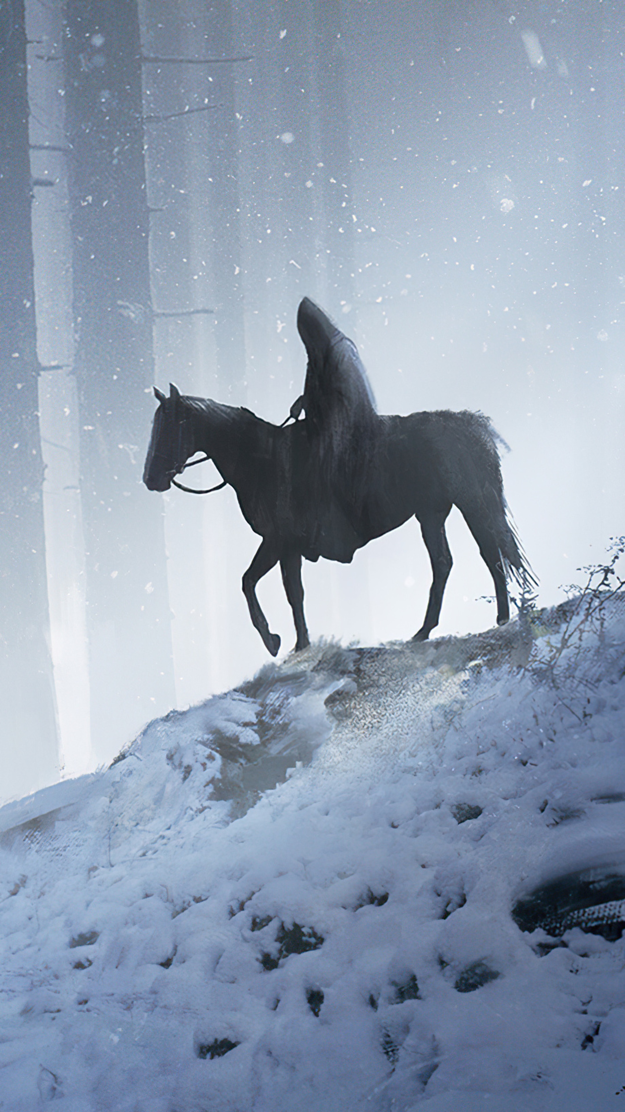 Figure in a dark cloak riding a horse through a snowy forest HD Phone Wallpaper