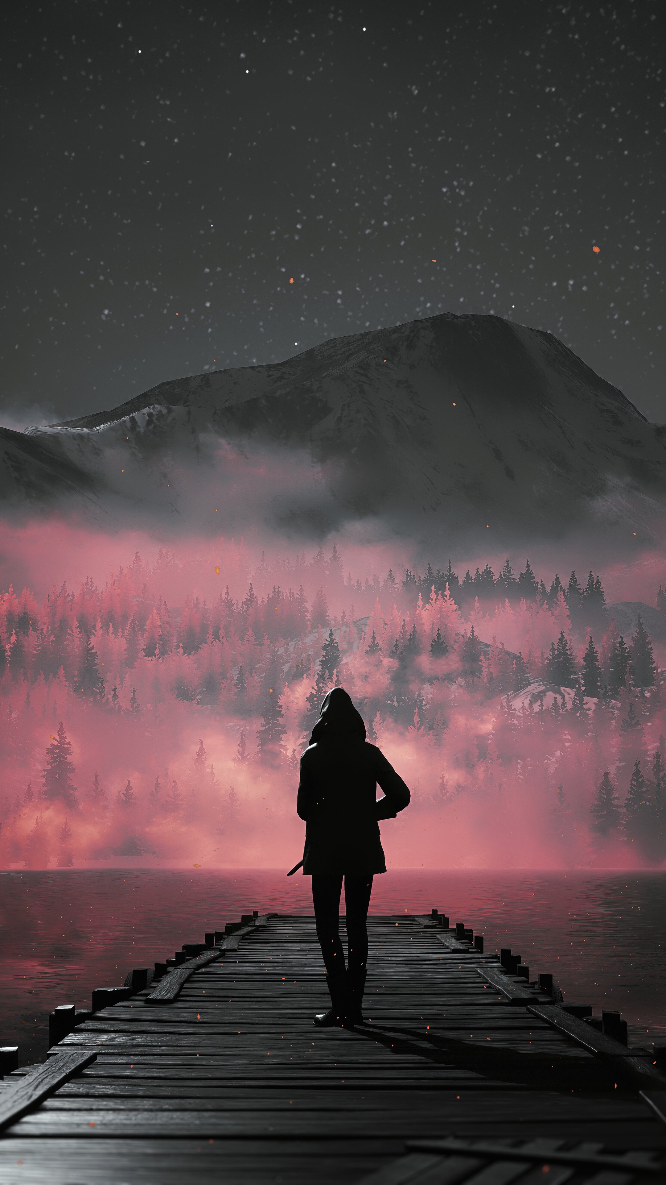 Person on a dock overlooking a misty forest at night HD Phone Wallpaper
