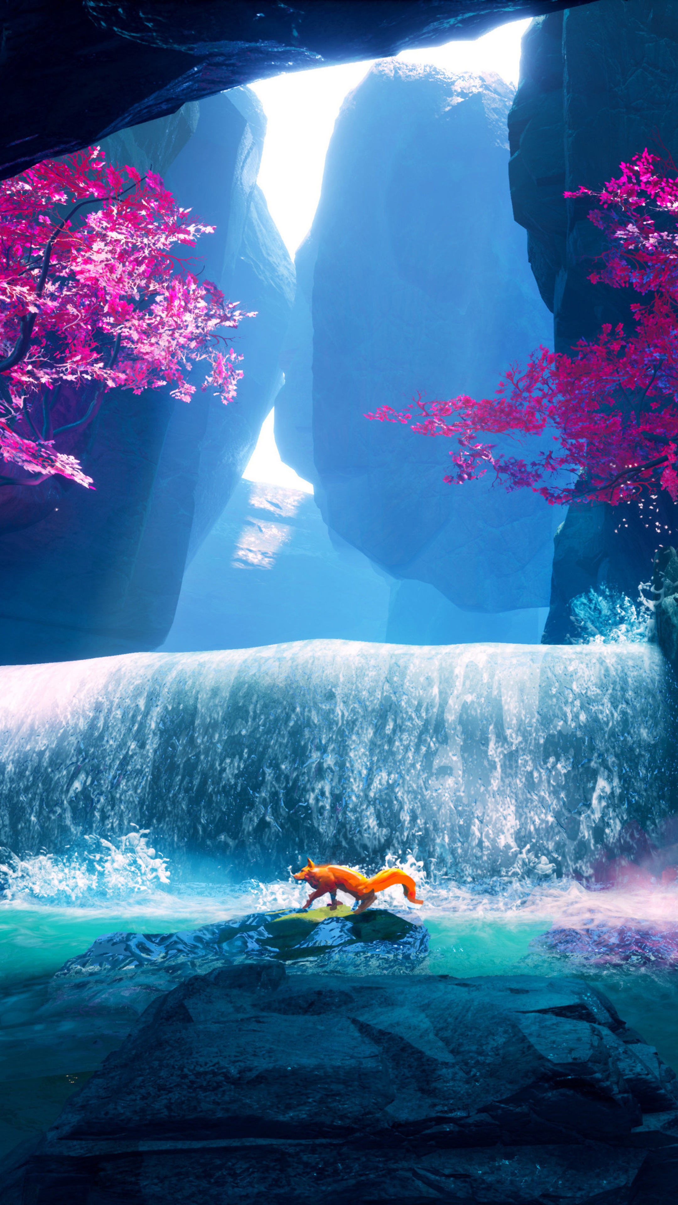 Fox by a waterfall with pink trees HD Phone Wallpaper