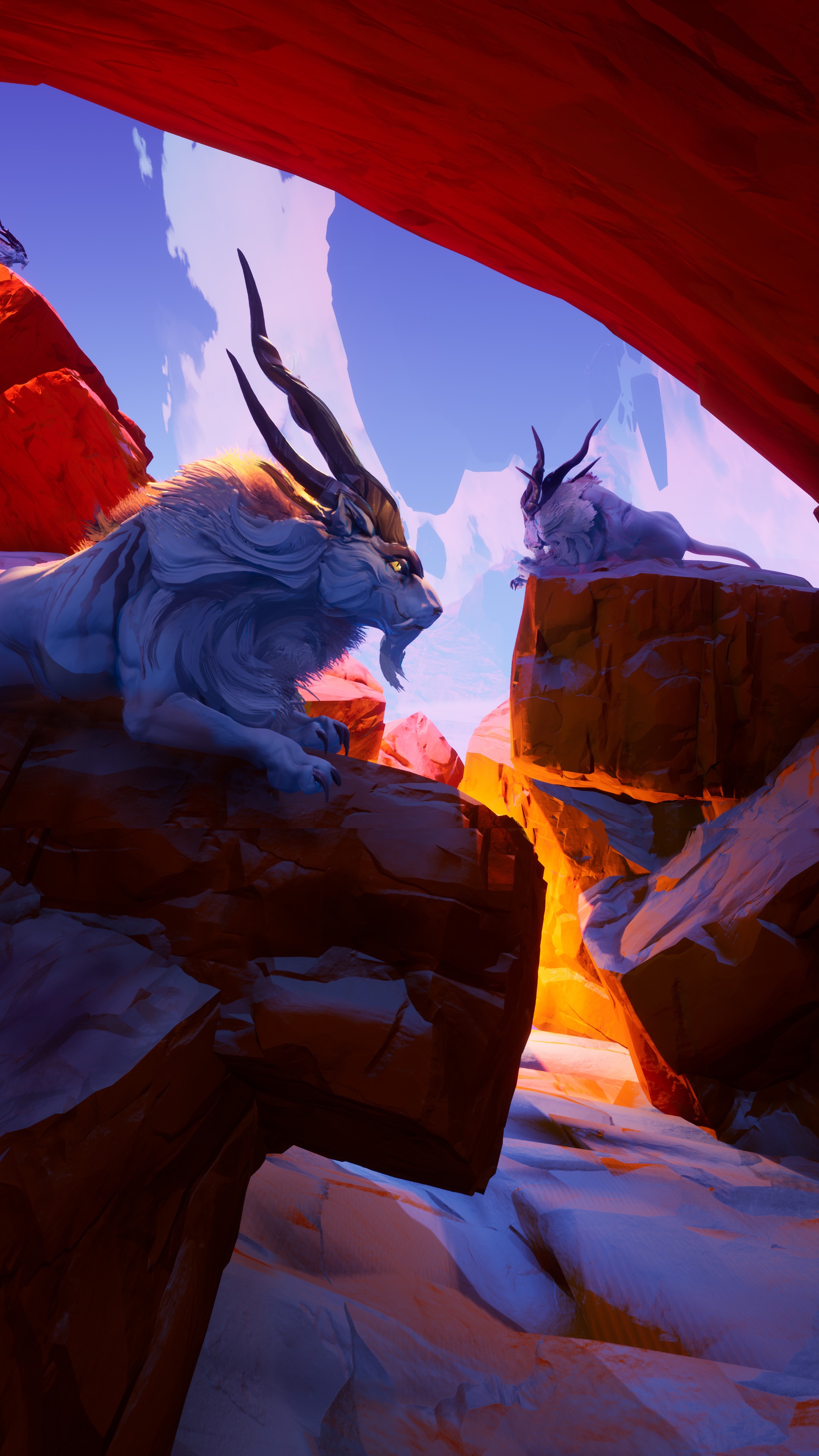 Two mythical creatures in a canyon HD Phone Wallpaper
