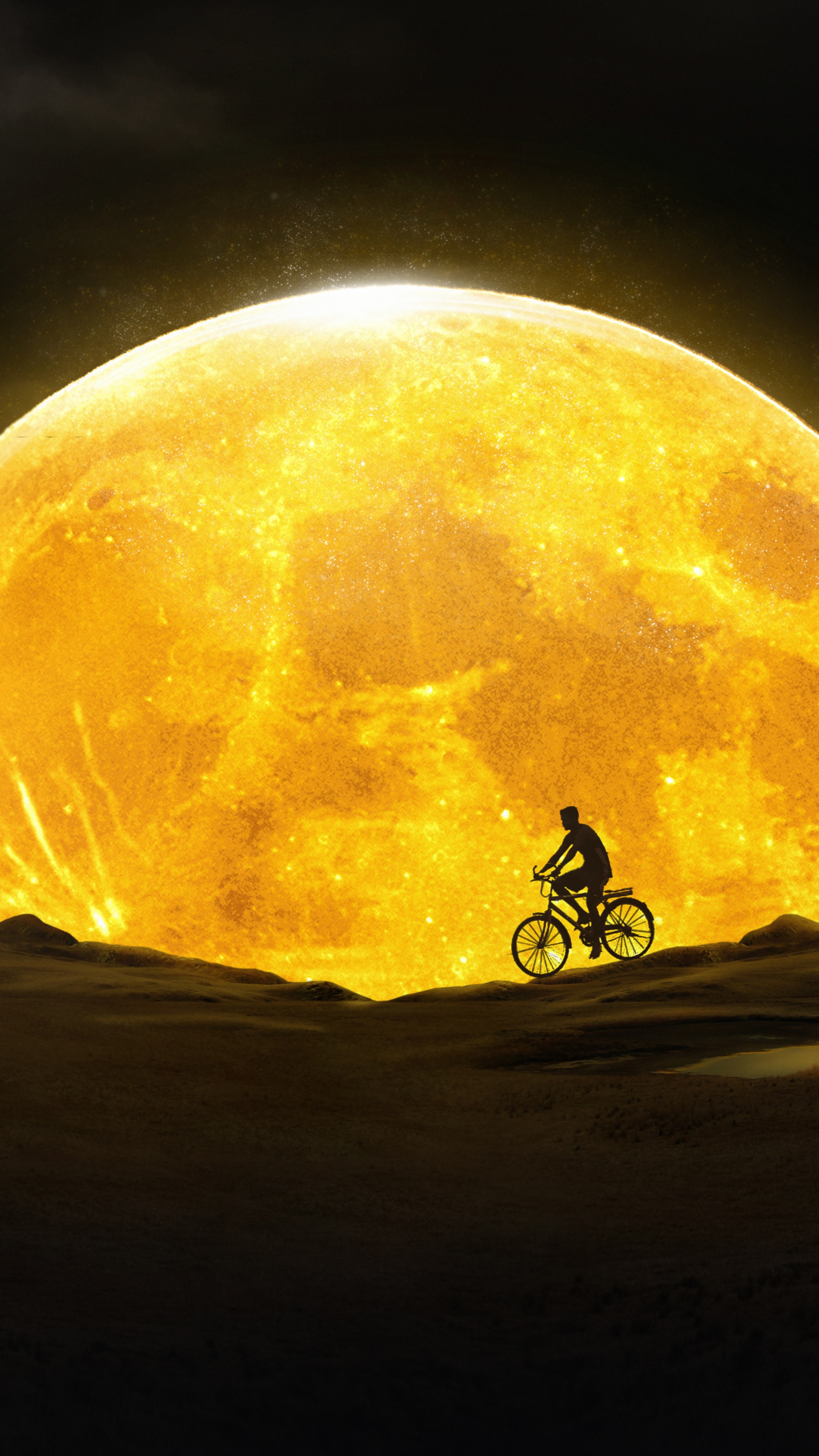 Silhouette of a person on a bicycle against a large, glowing moon HD Phone Wallpaper