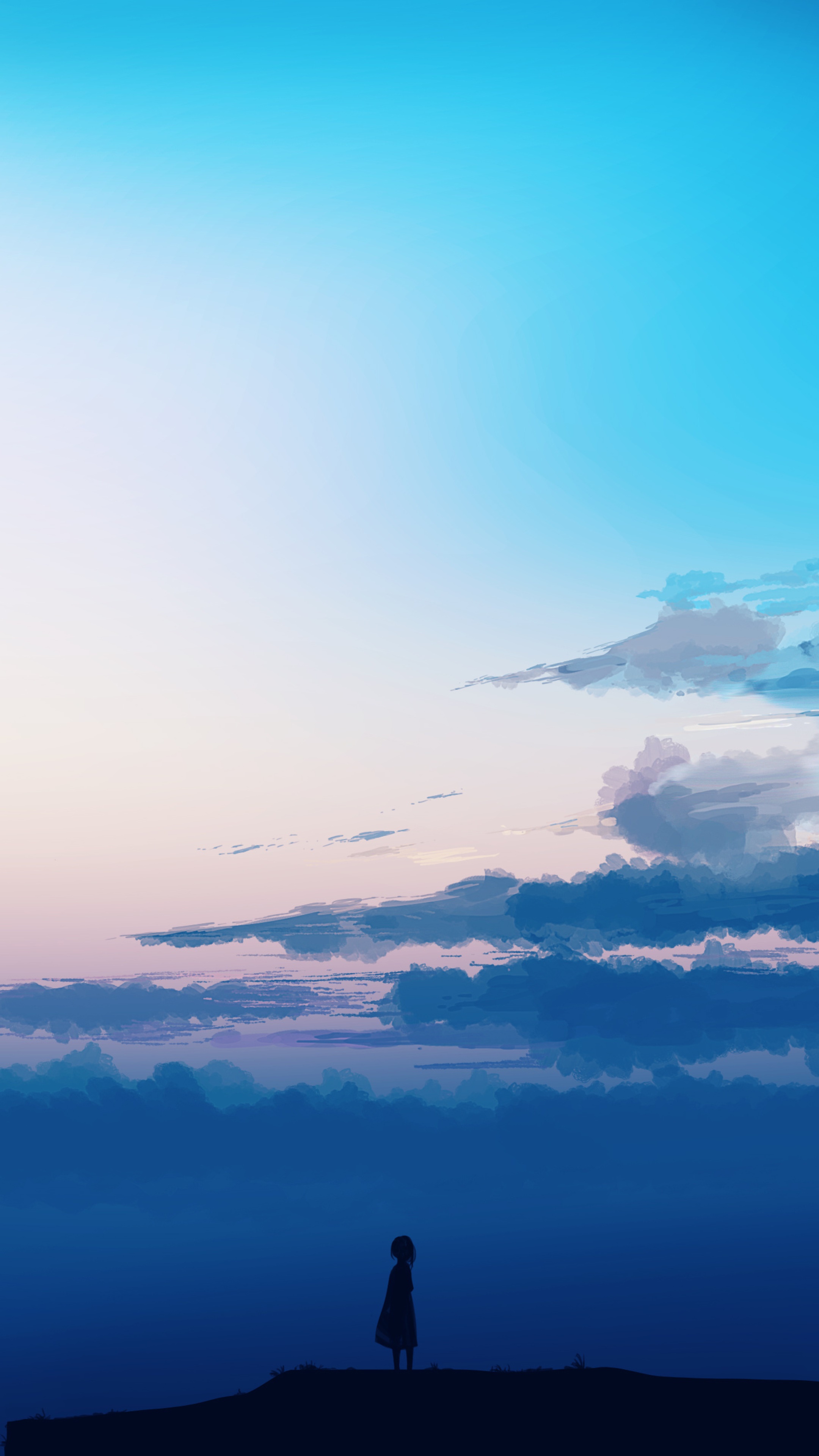 Artwork of a lone figure against a sunset sky HD Phone Wallpaper