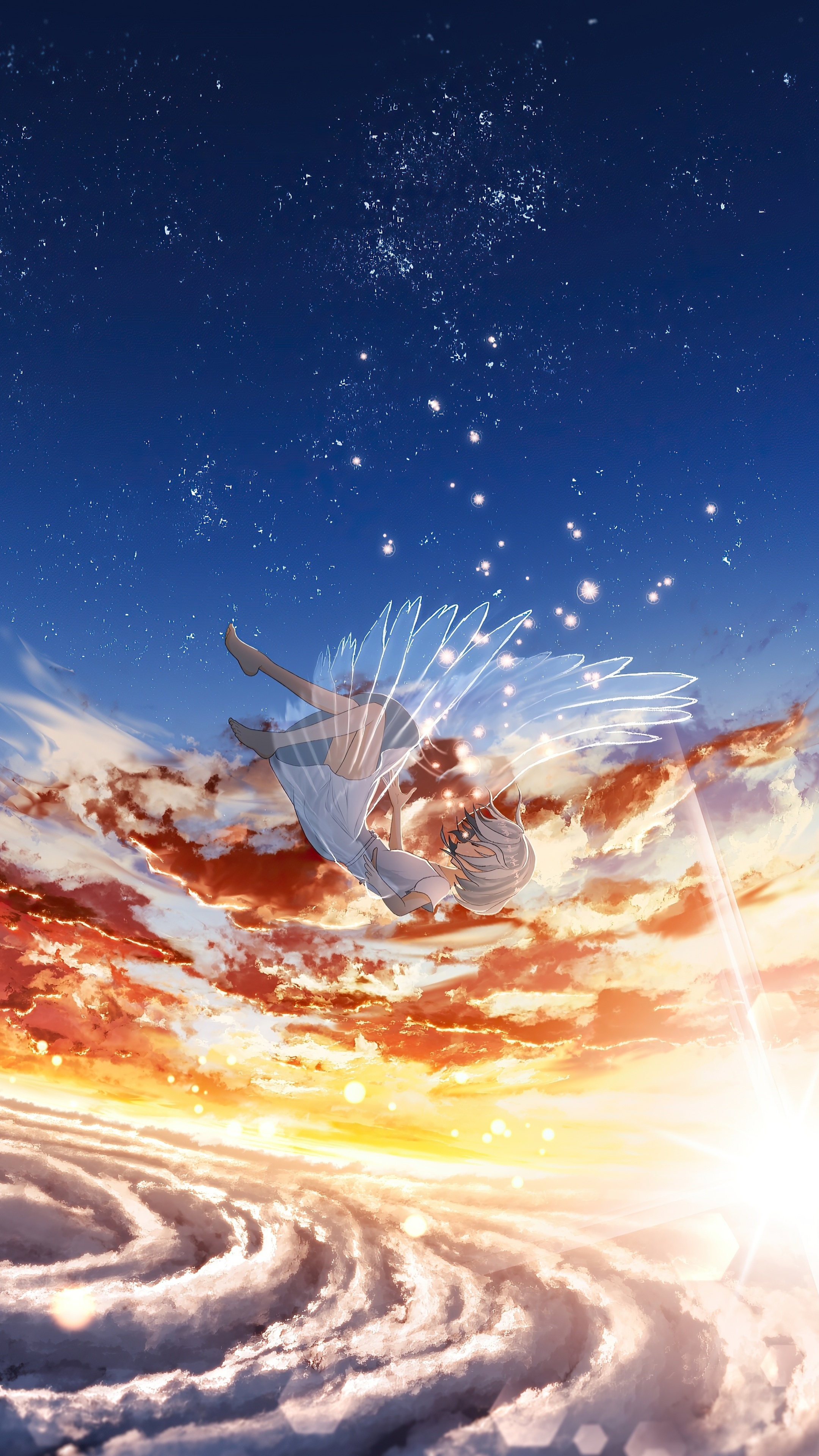 Anime girl with wings falling through clouds HD Phone Wallpaper