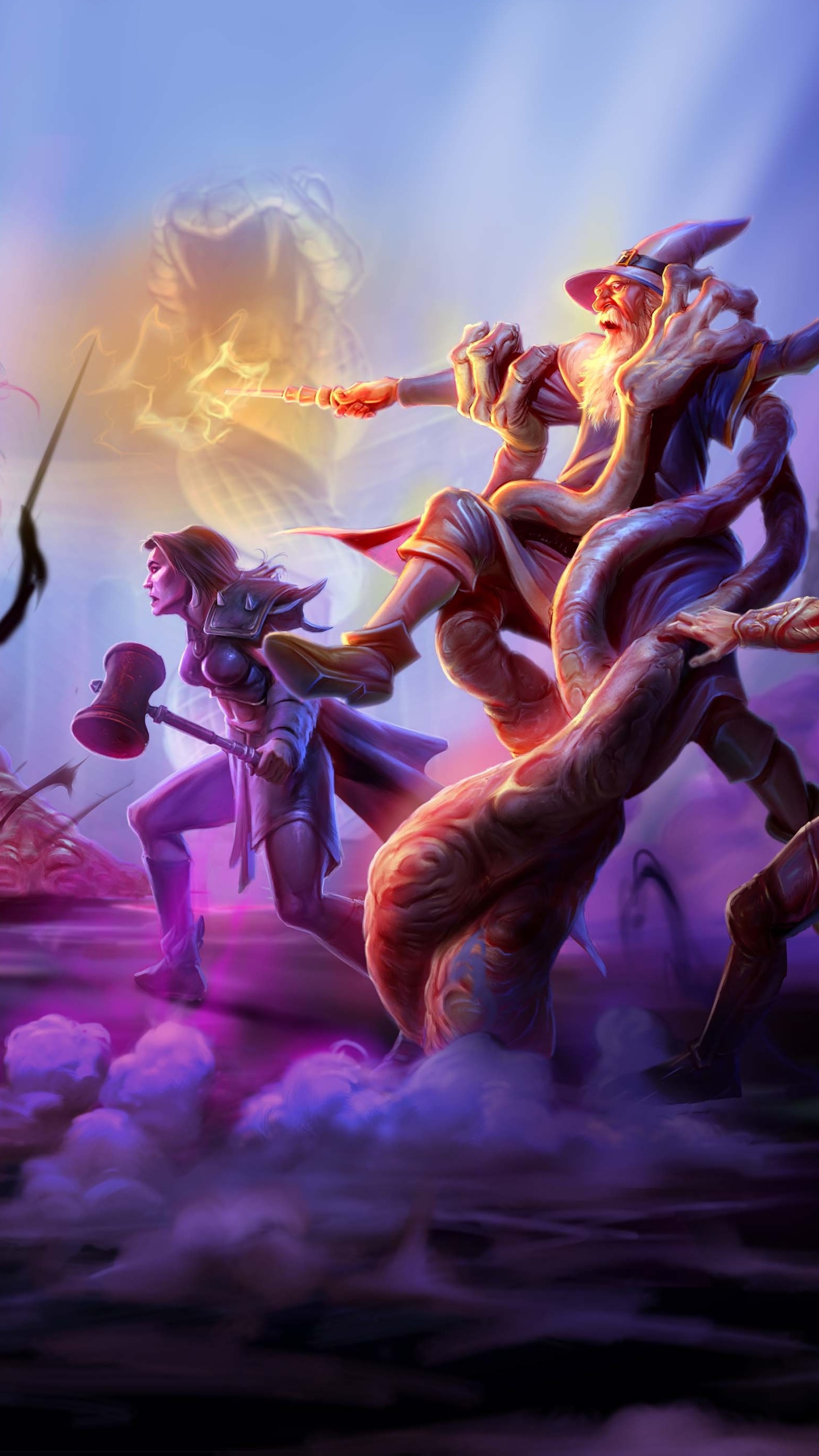 Wizard and warrior fighting monsters HD Phone Wallpaper