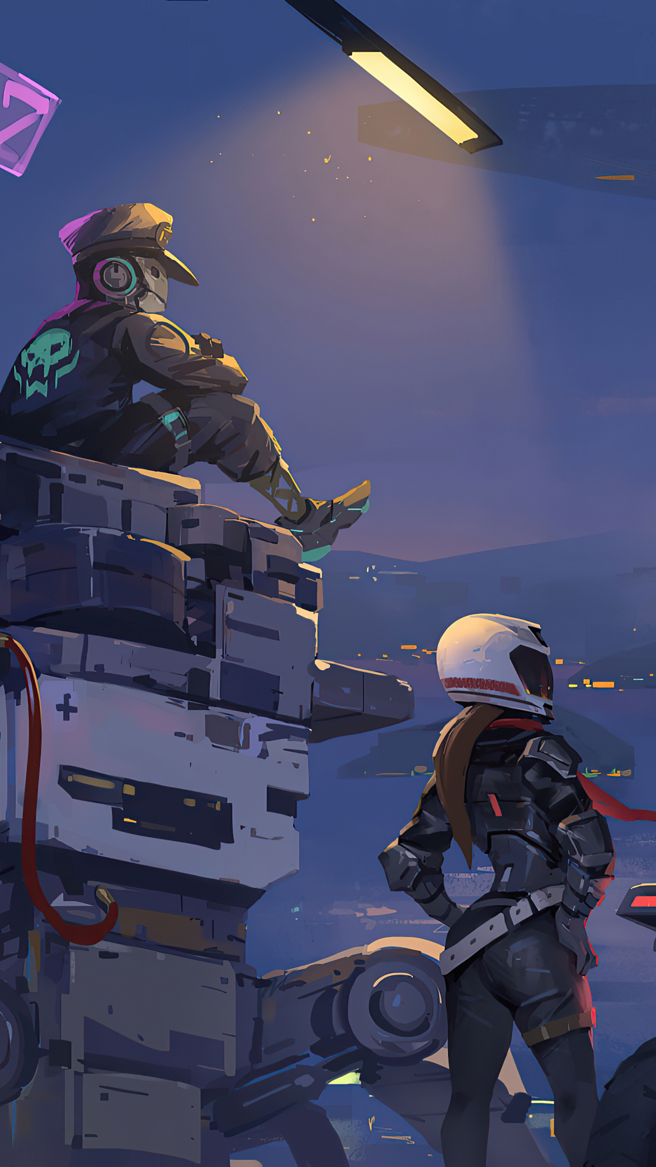 Two characters in a futuristic city at night HD Phone Wallpaper