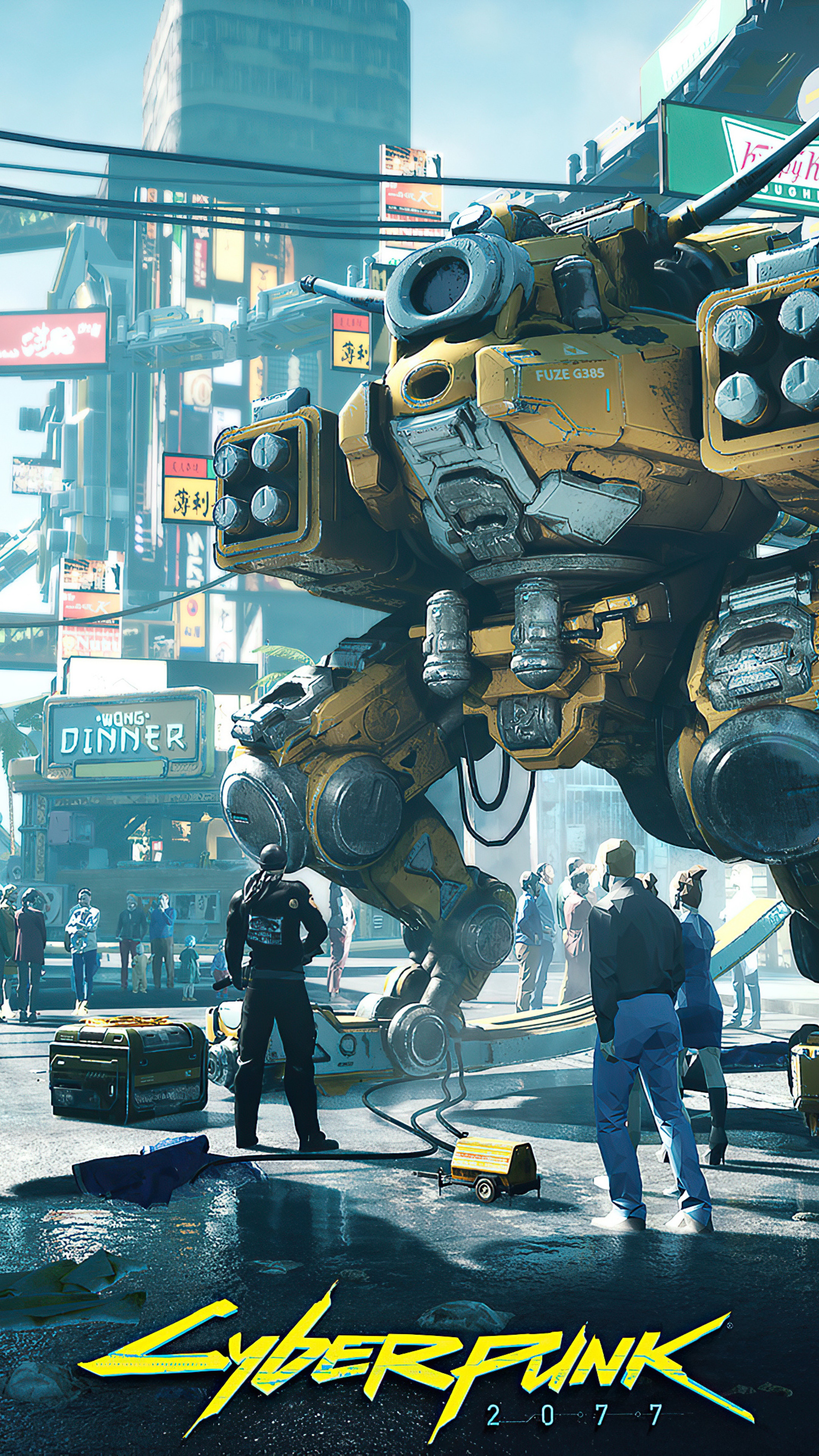 Cyberpunk 2077 mech and people in city HD Phone Wallpaper