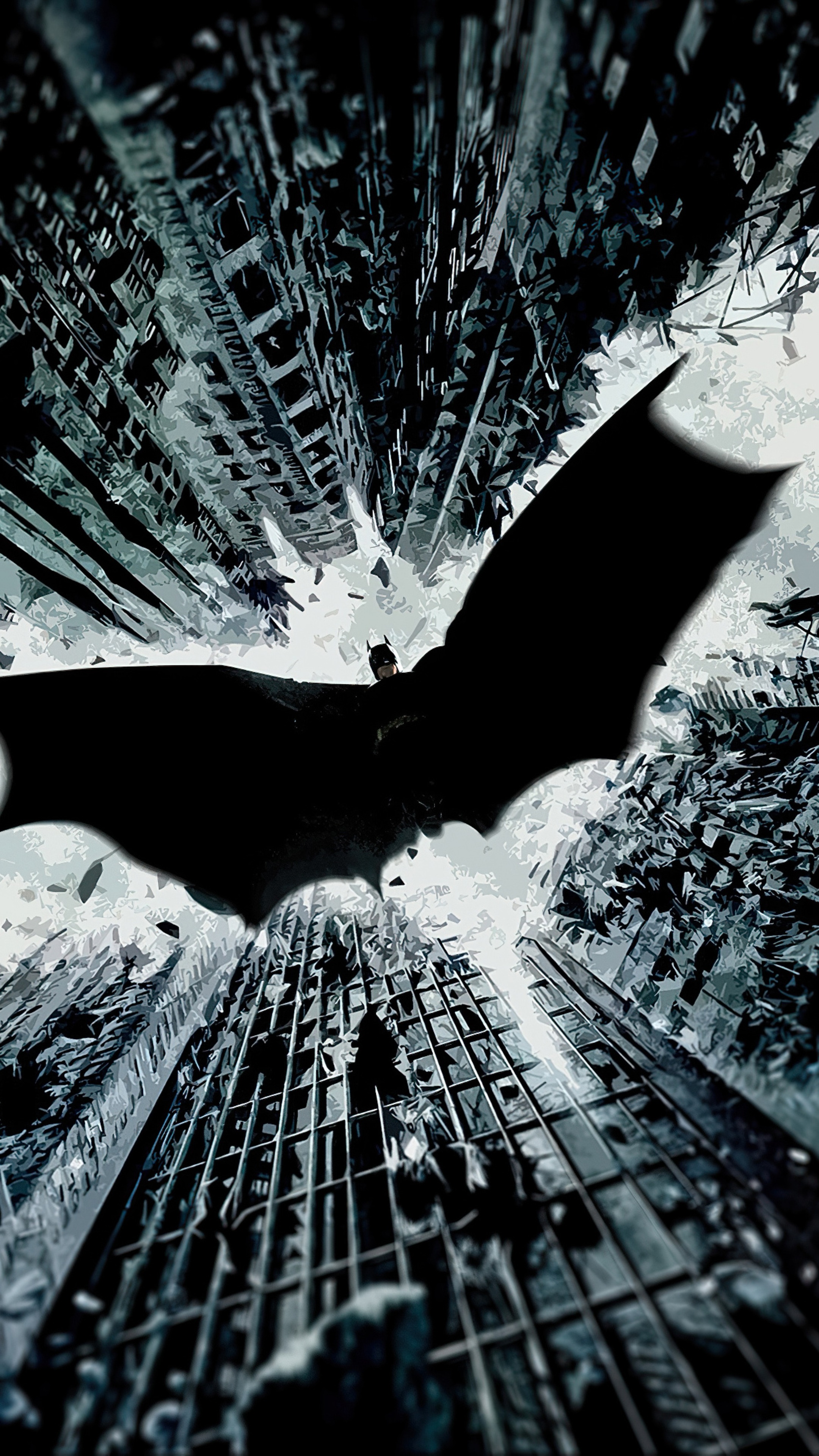 Batman flying over a destroyed city 4K HD Phone Wallpaper