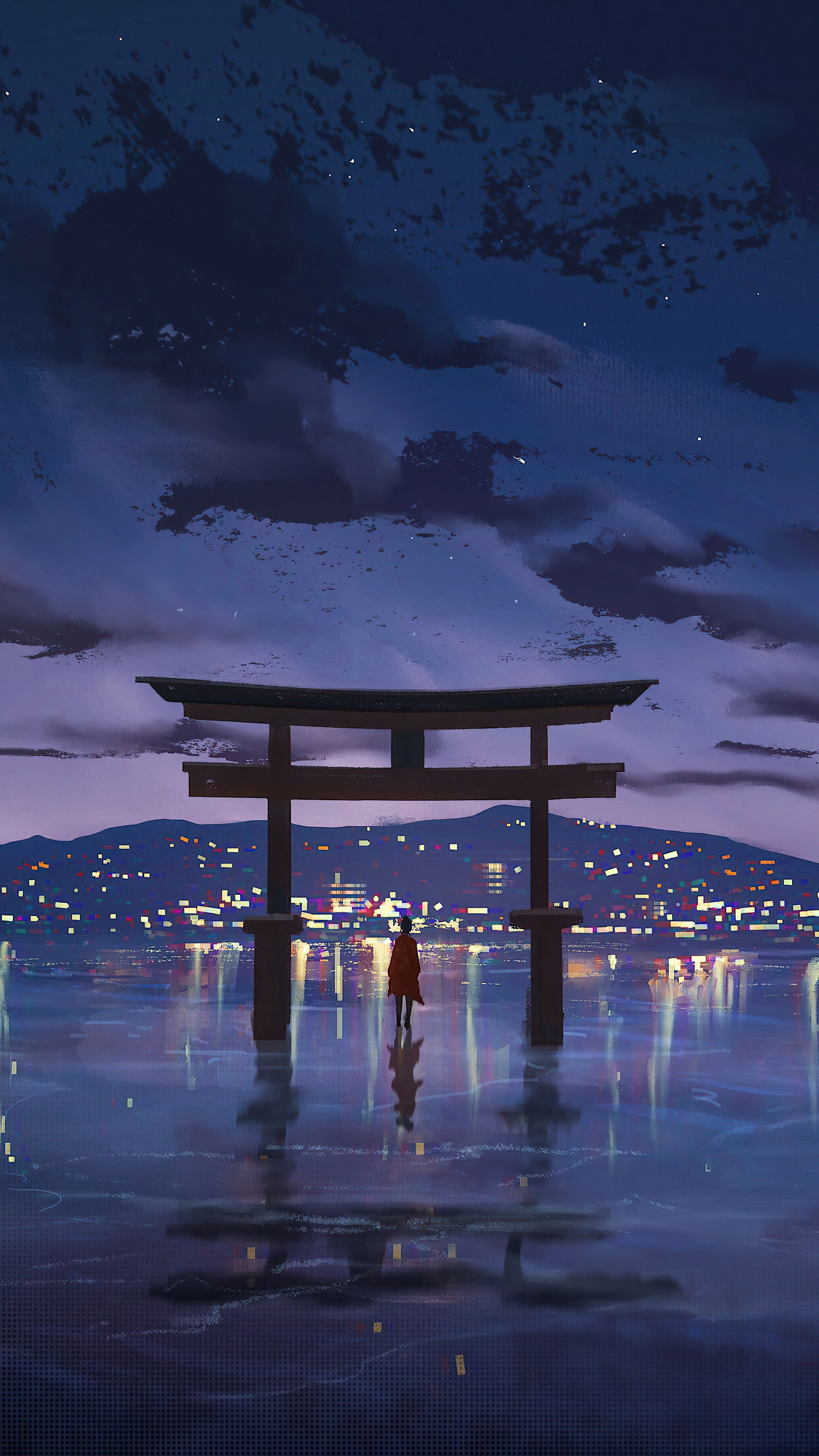 Torii gate on a reflective surface with a person and city lights HD Phone Wallpaper