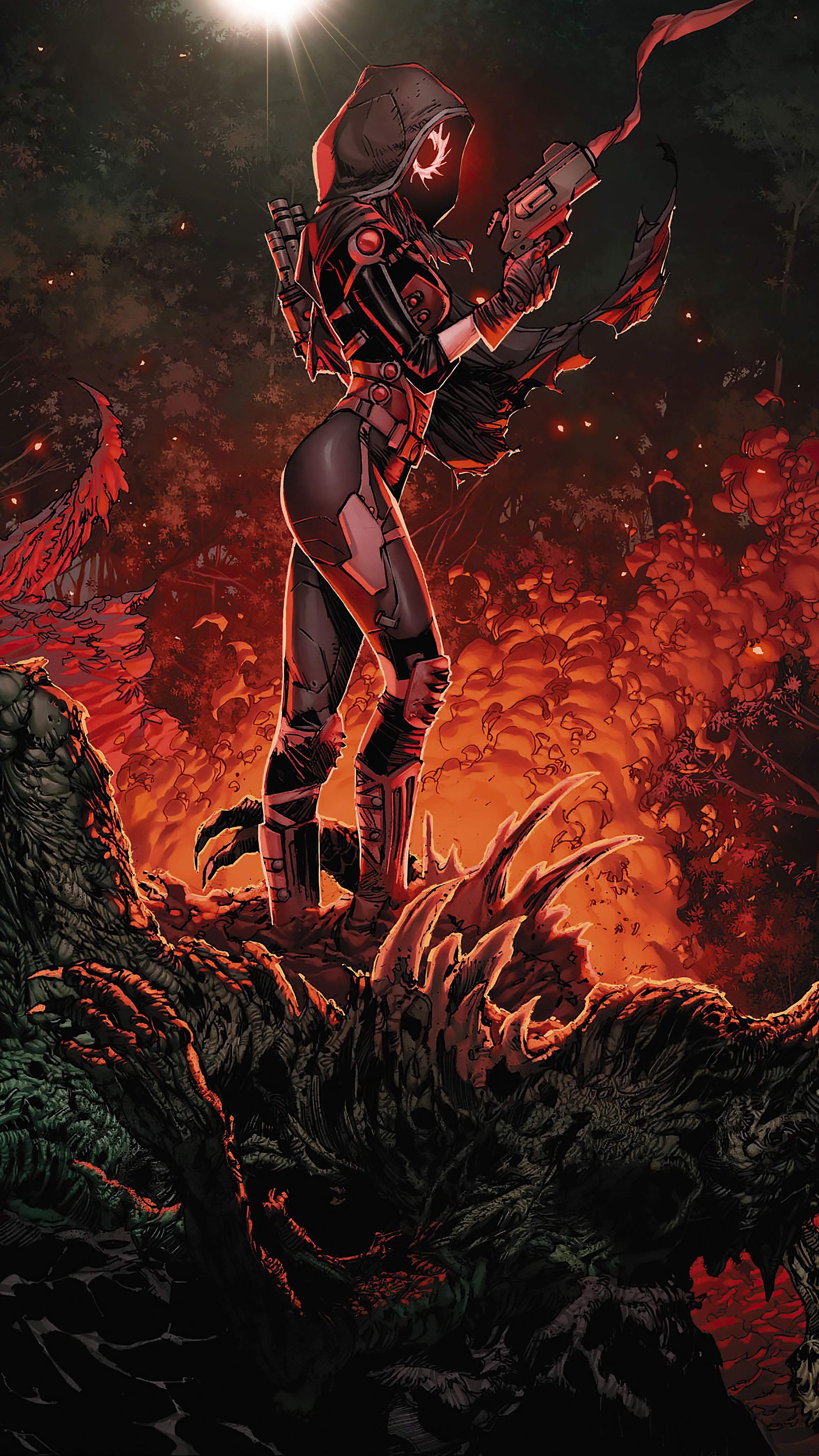 Woman with gun in a dark, fiery landscape HD Phone Wallpaper