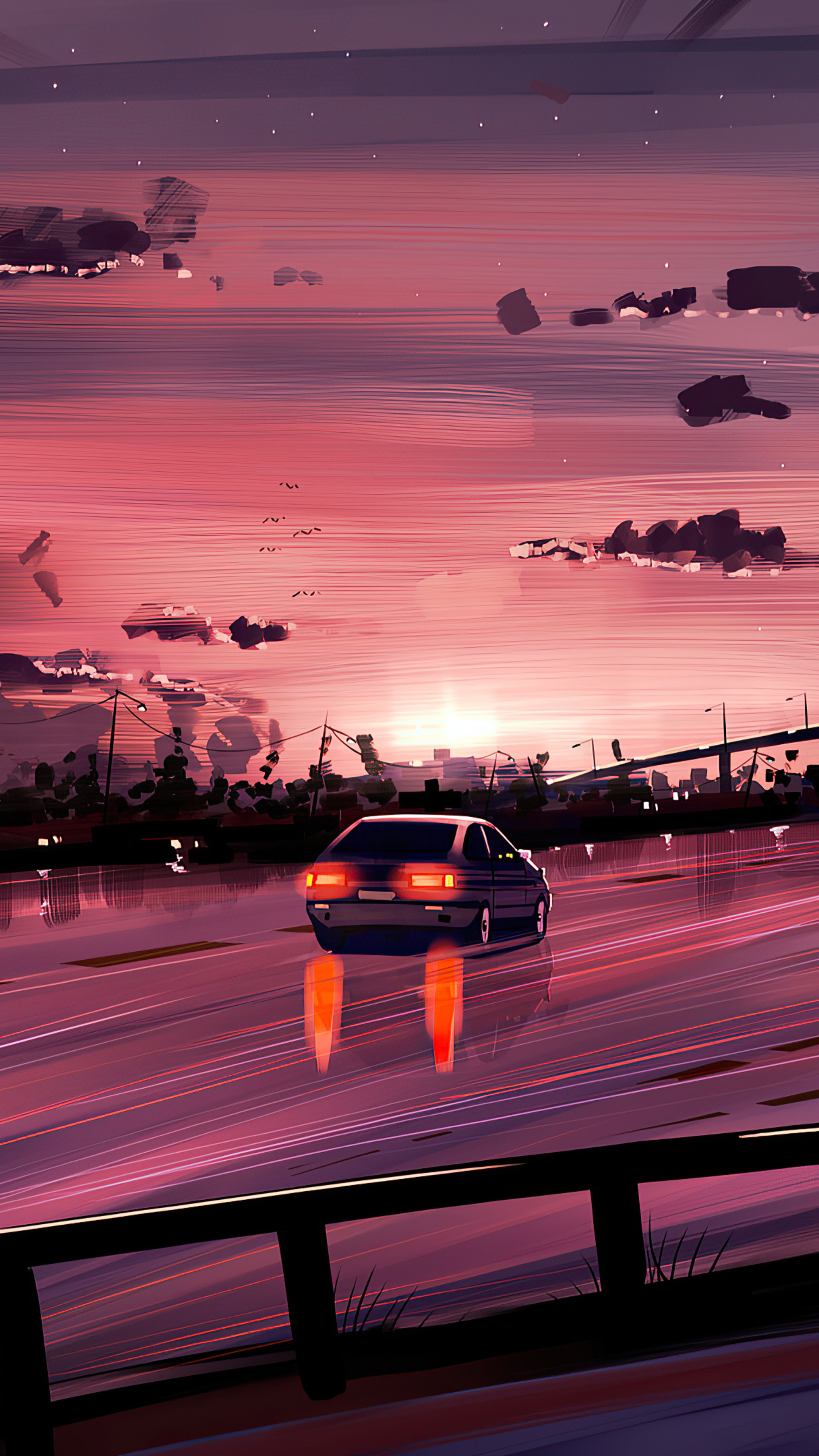 Car driving on a highway at sunset HD Phone Wallpaper
