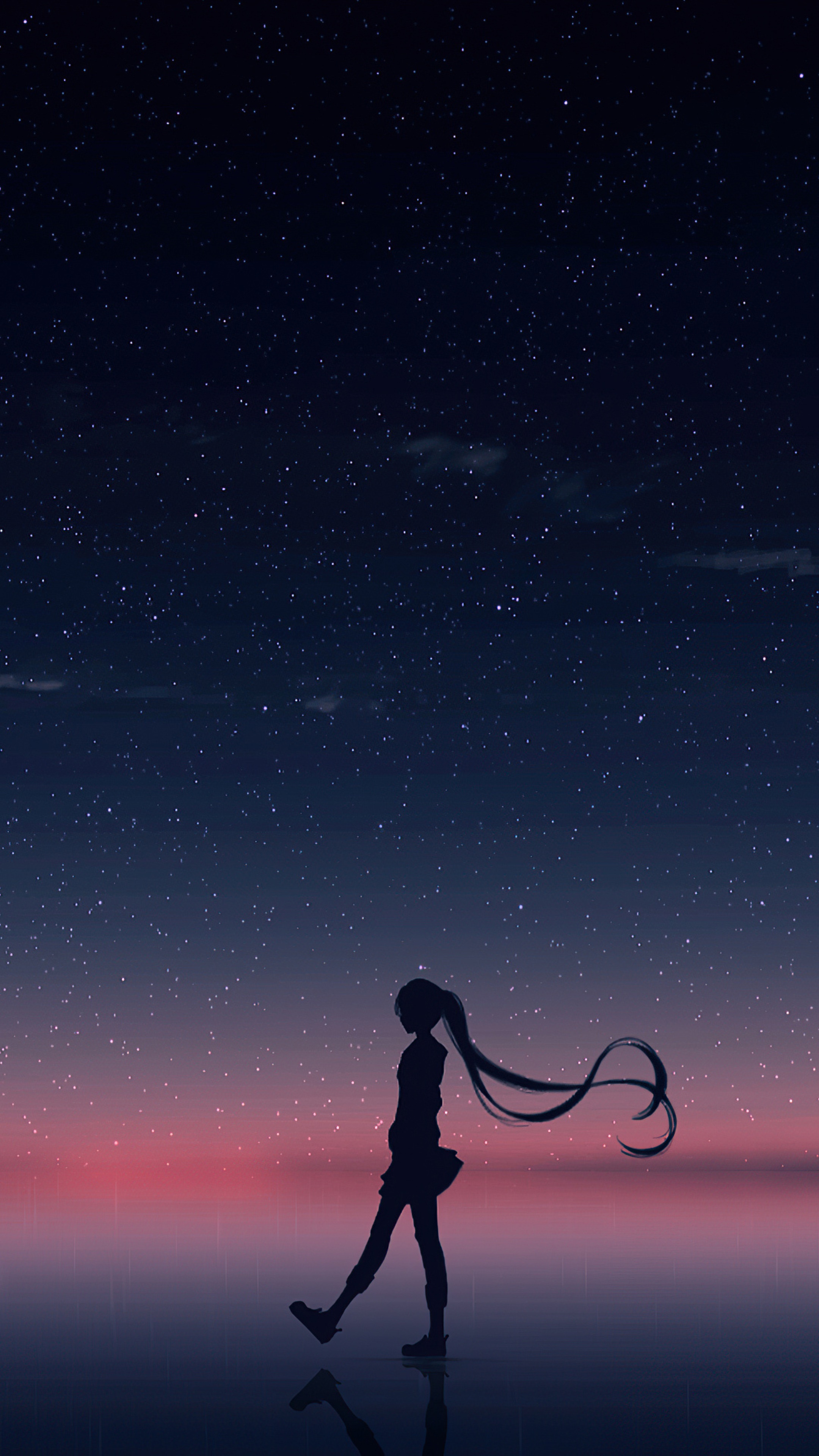 Anime girl silhouette walking under starry sky HD Phone Wallpaper