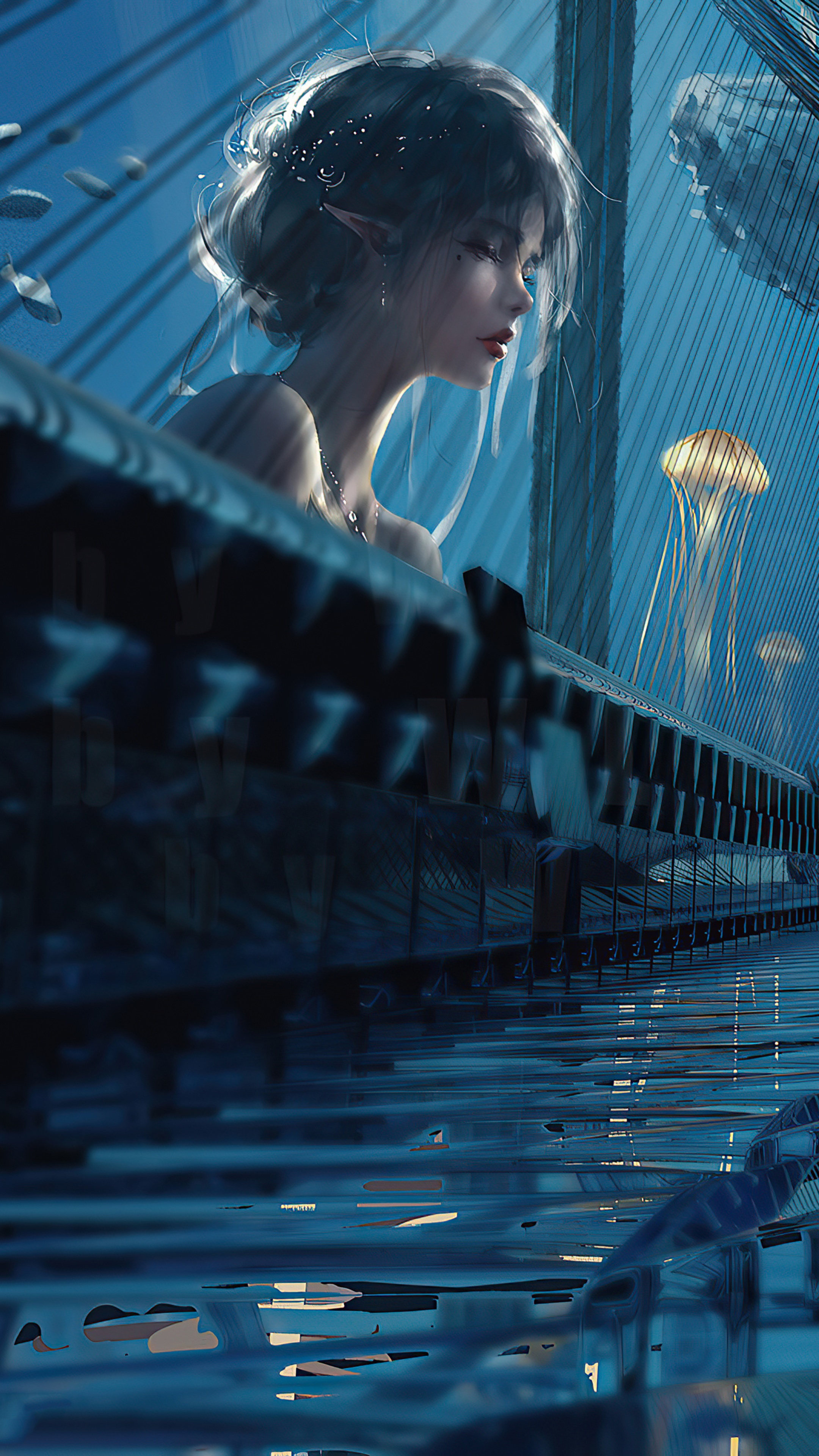 Digital art of a woman by a piano with jellyfish HD Phone Wallpaper