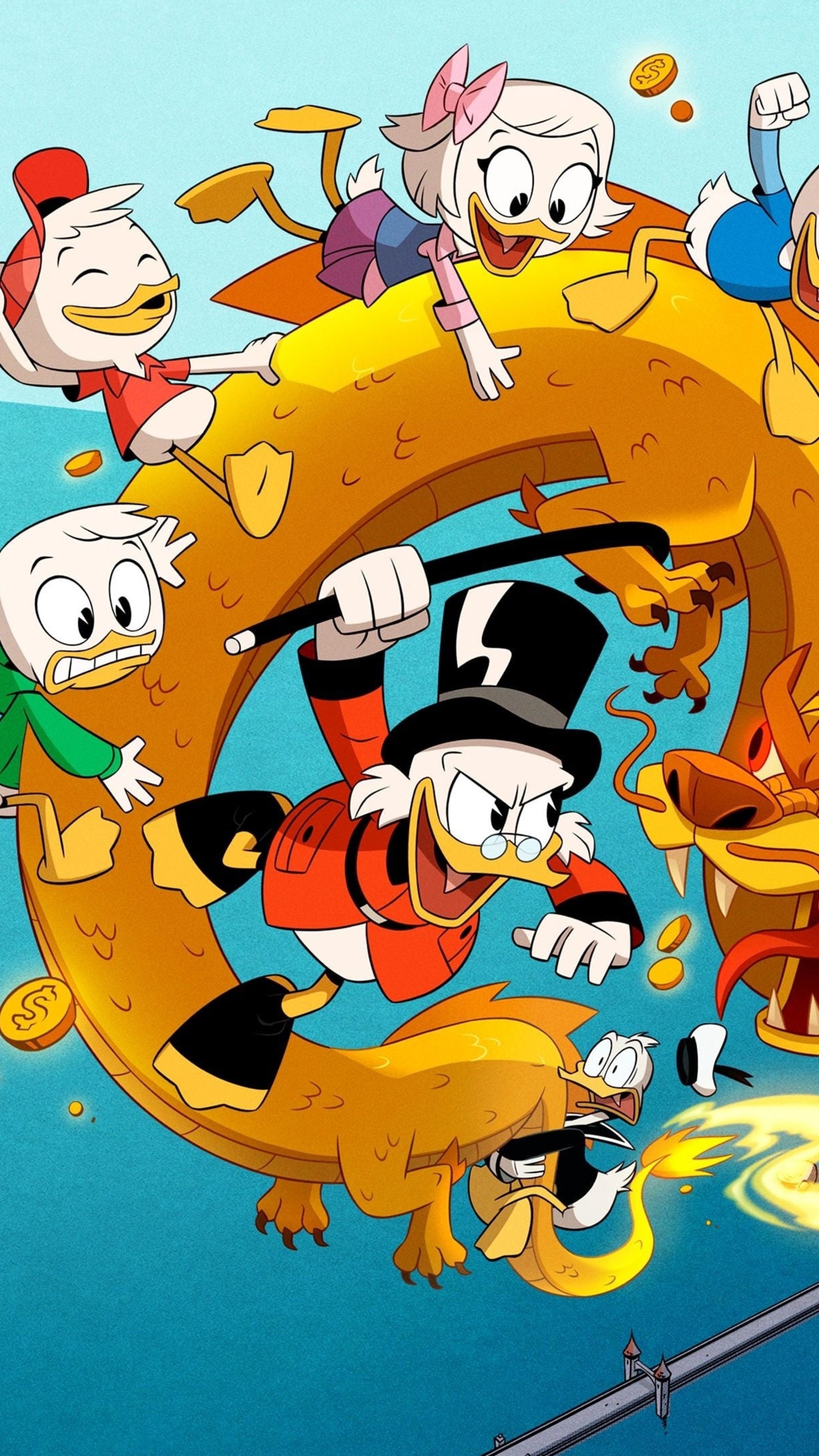 DuckTales: Scrooge McDuck and nephews on a dragon HD Phone Wallpaper