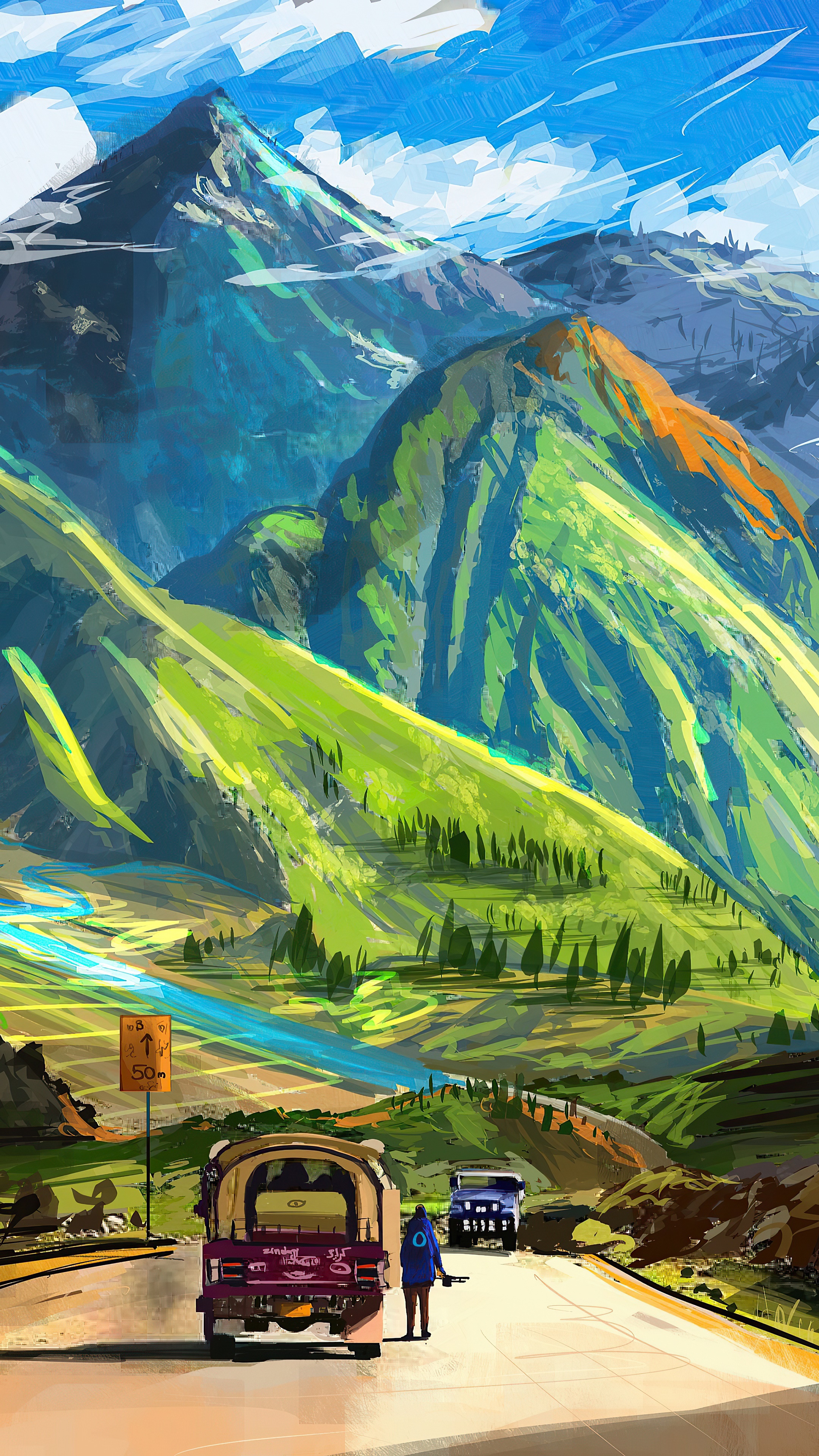Digital Art of Mountains and Road with Vehicles HD Phone Wallpaper