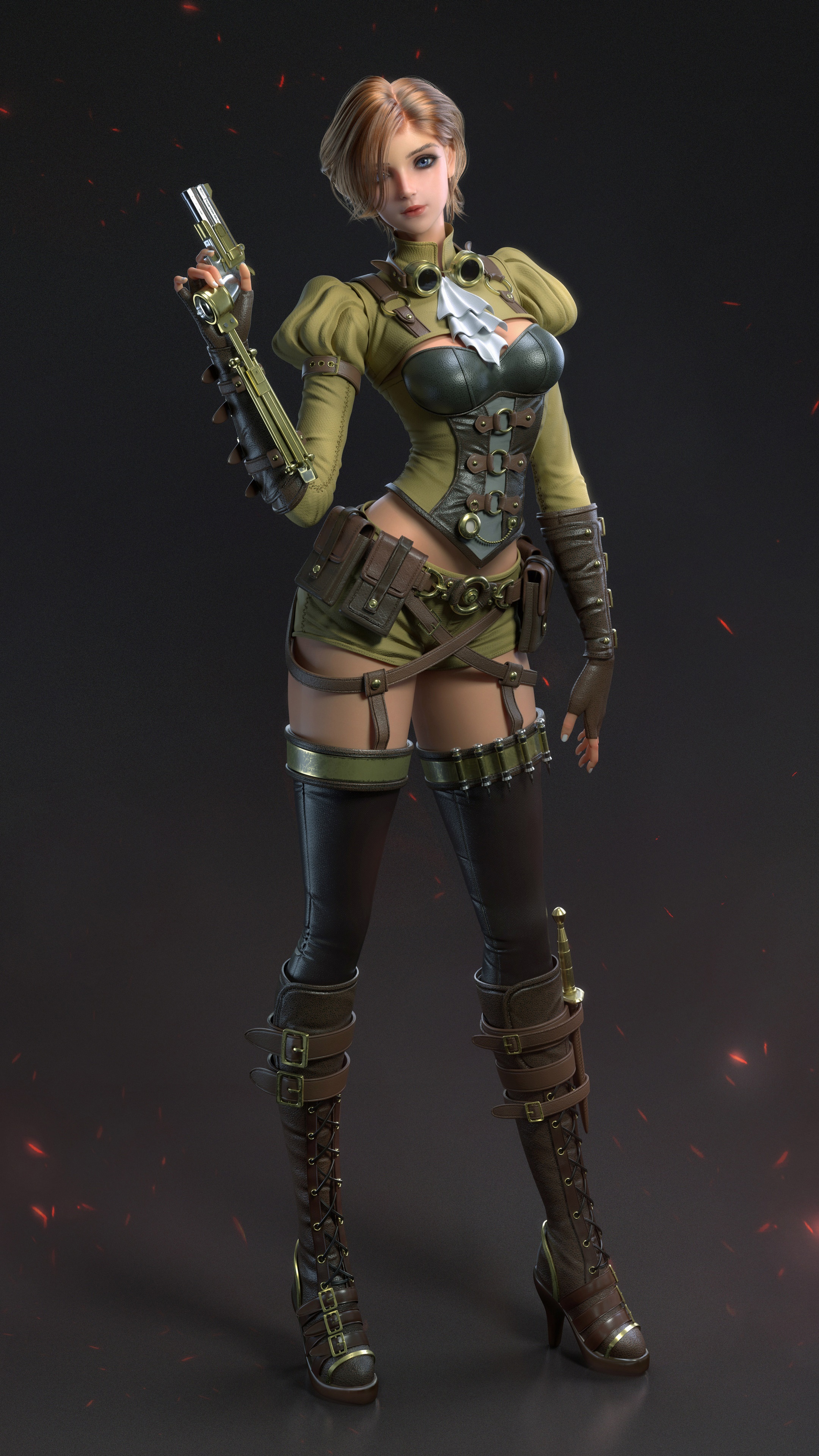 Fantasy girl with steampunk outfit and gun HD Phone Wallpaper