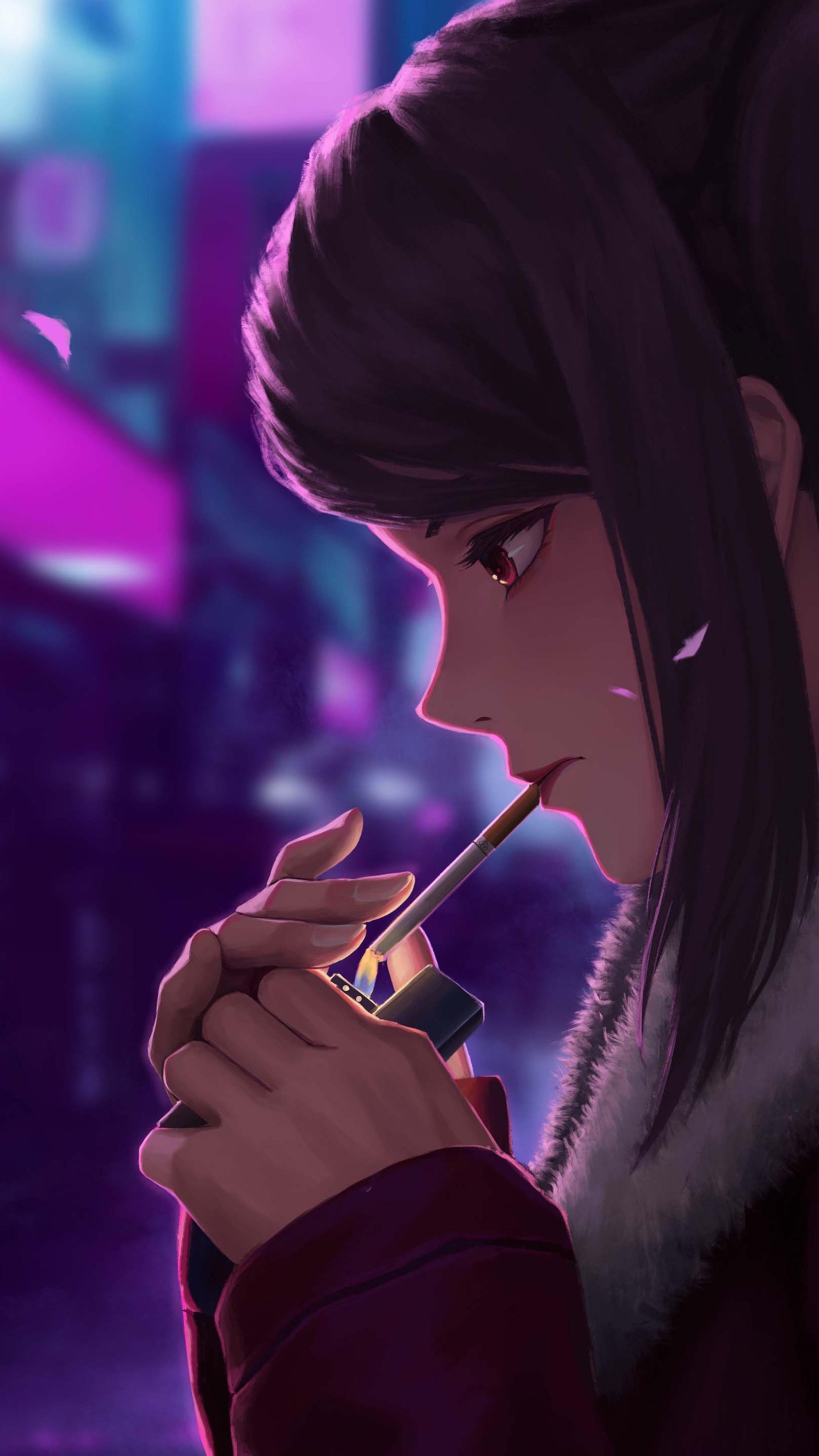Anime girl smoking in neon city 4K HD Phone Wallpaper
