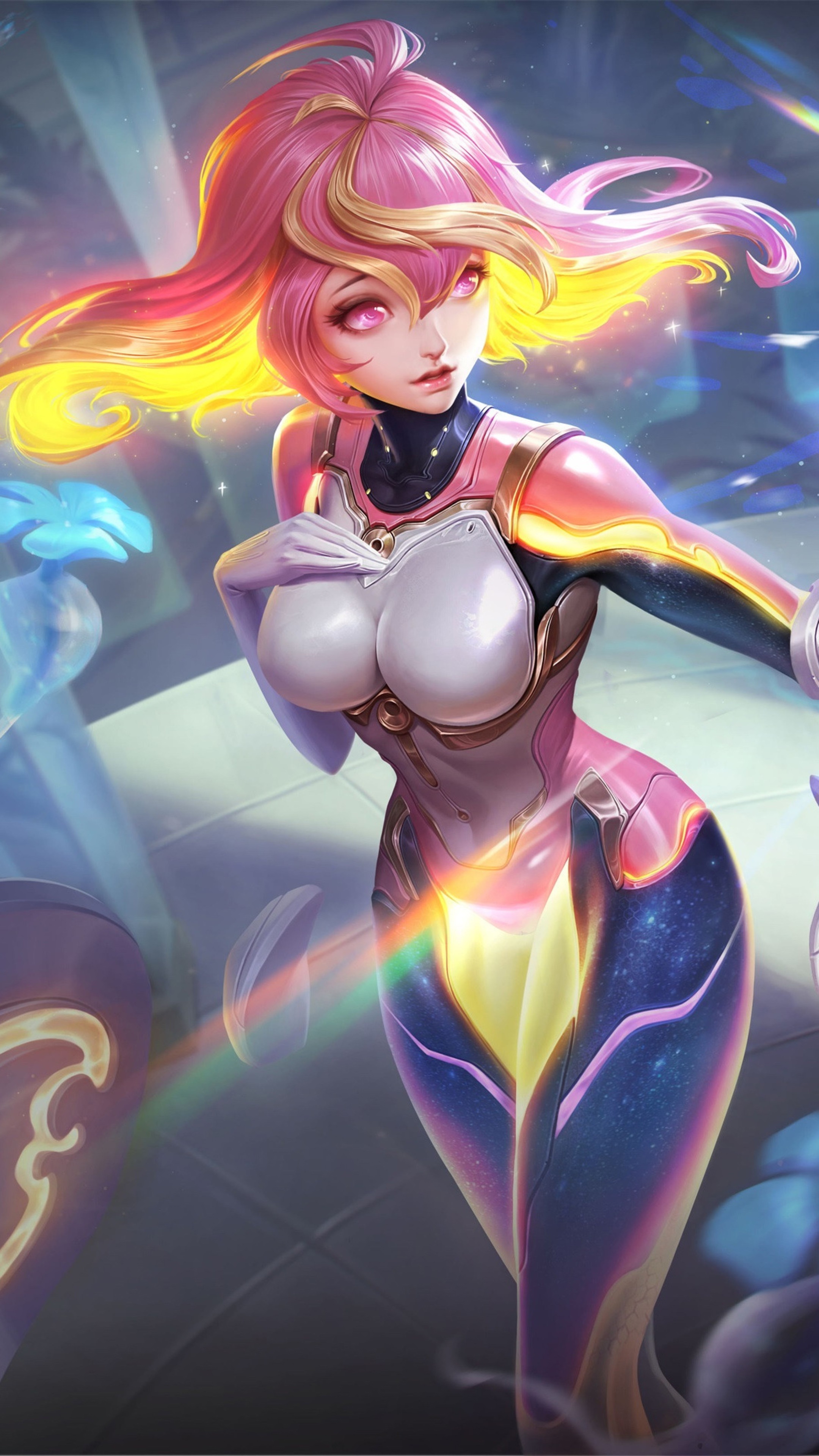 Anime girl with pink and yellow hair in a futuristic outfit HD Phone Wallpaper