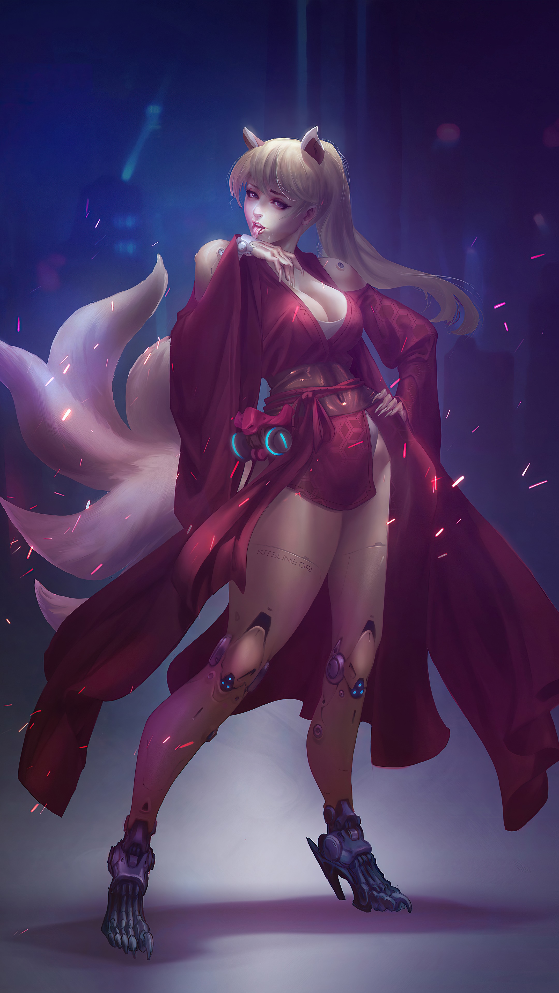 Artwork of a fox-like woman with cybernetic legs HD Phone Wallpaper