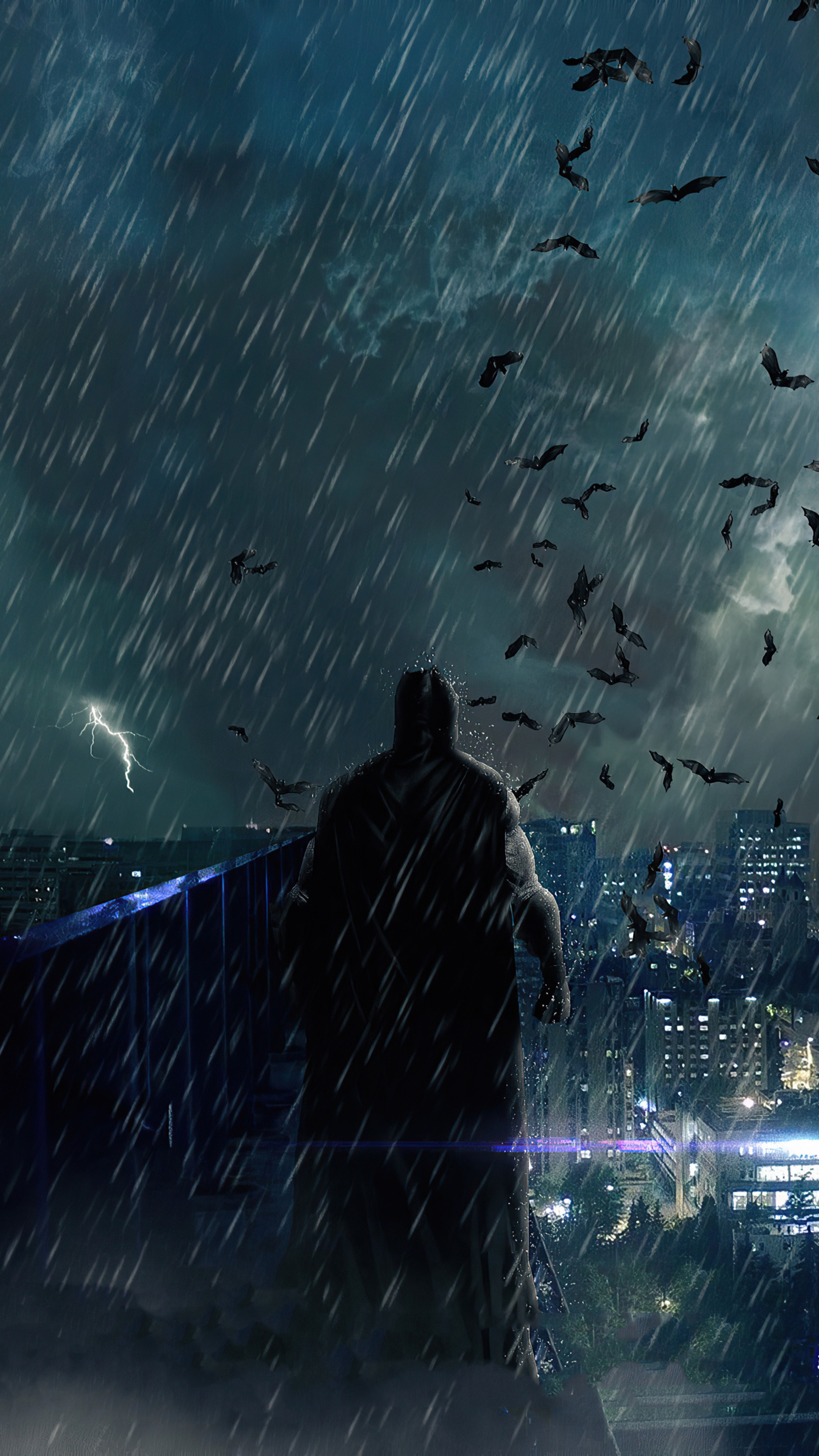 Batman in the rain with bats and lightning HD Phone Wallpaper