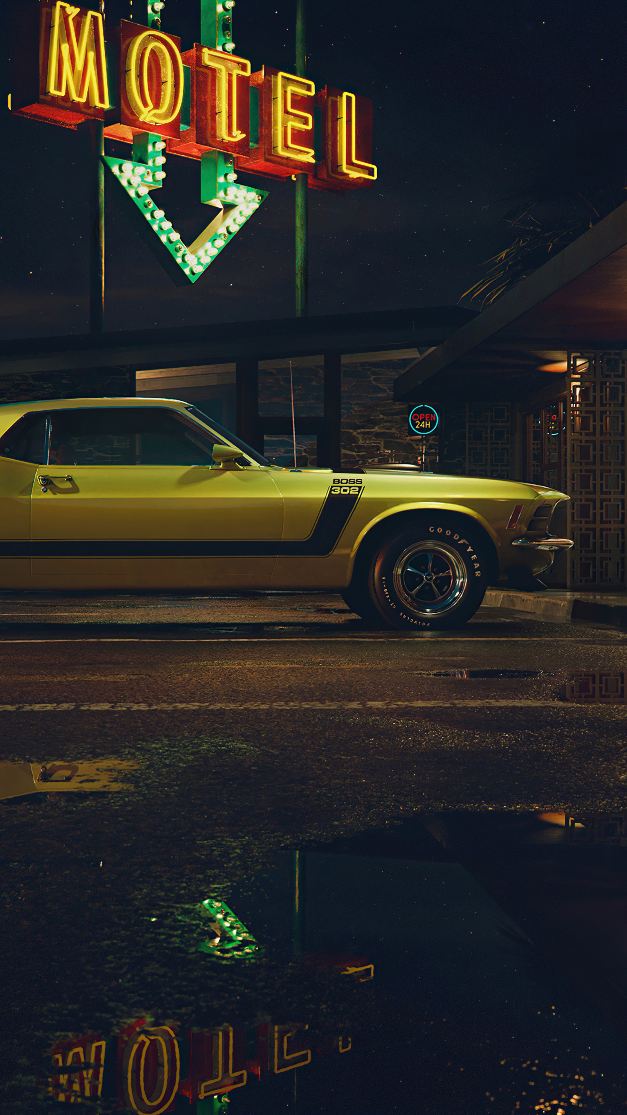 Yellow Ford Mustang parked at a motel at night HD Phone Wallpaper