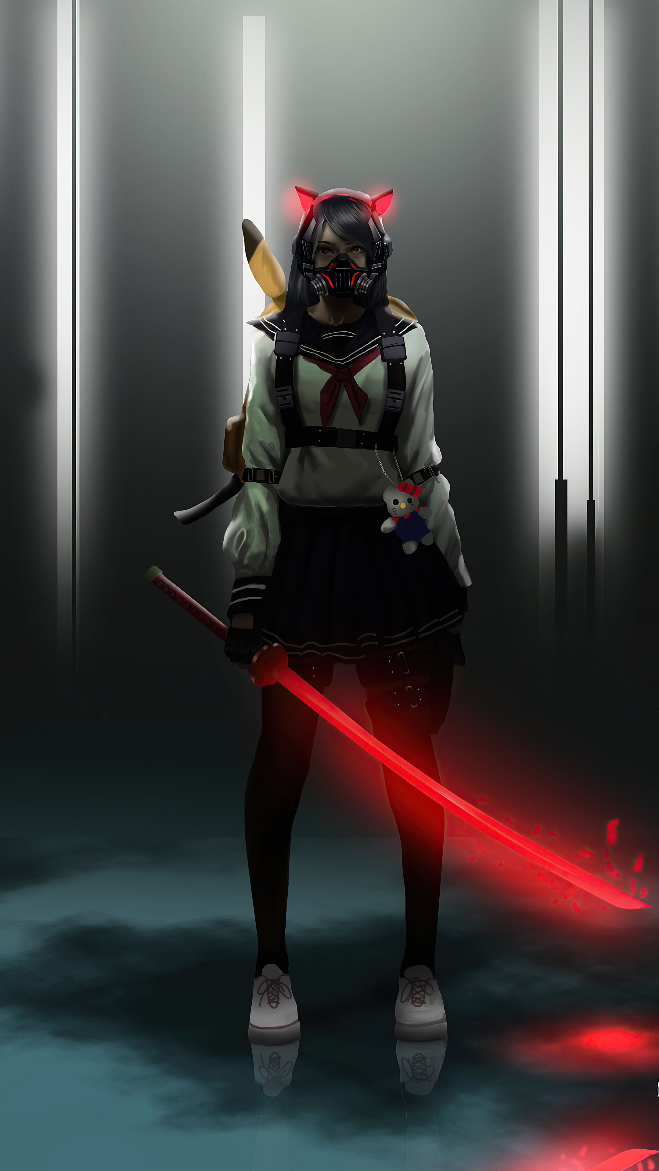 Girl with red glowing sword and cat ears HD Phone Wallpaper