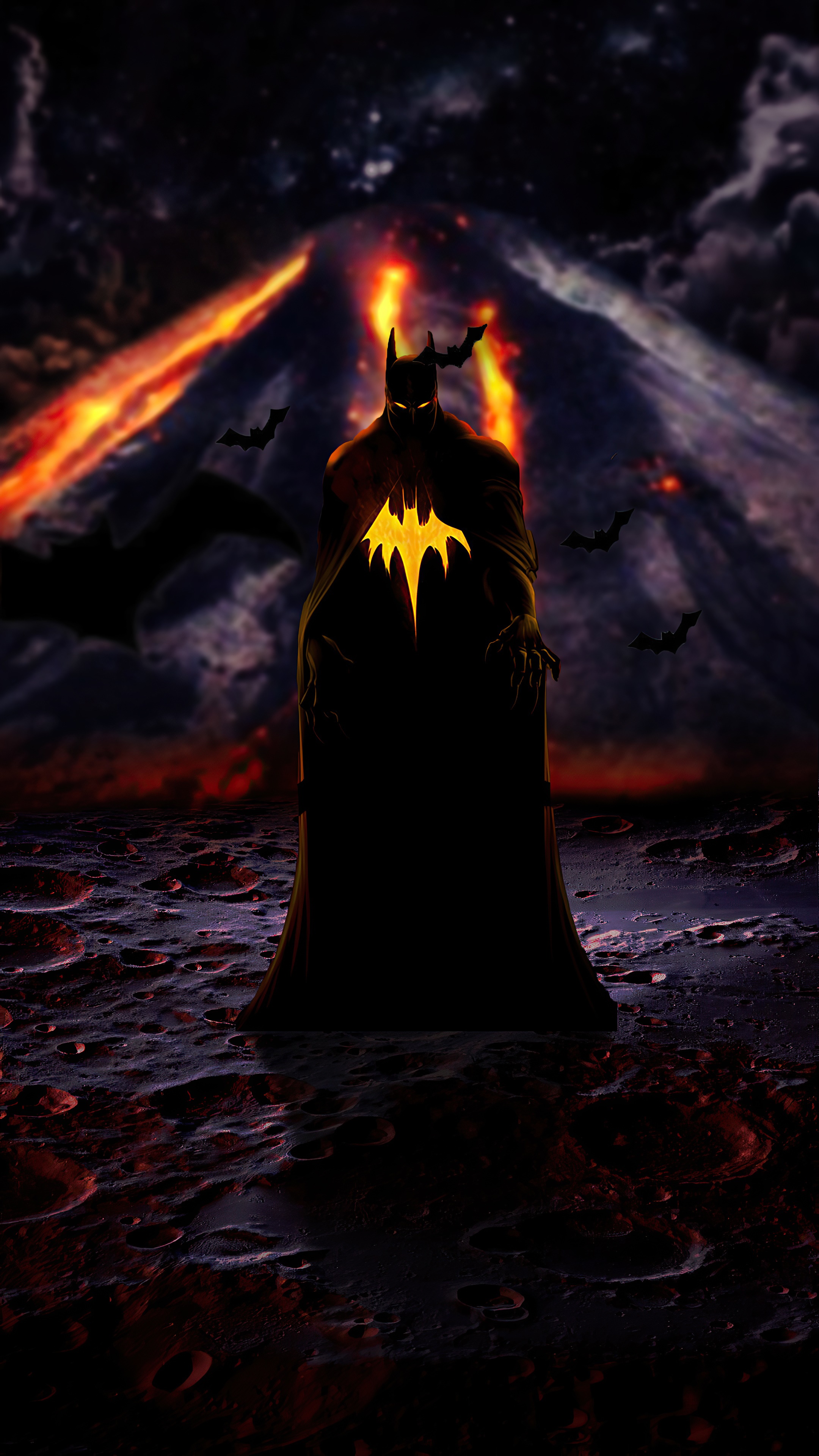 Batman in front of a volcano, artwork HD Phone Wallpaper