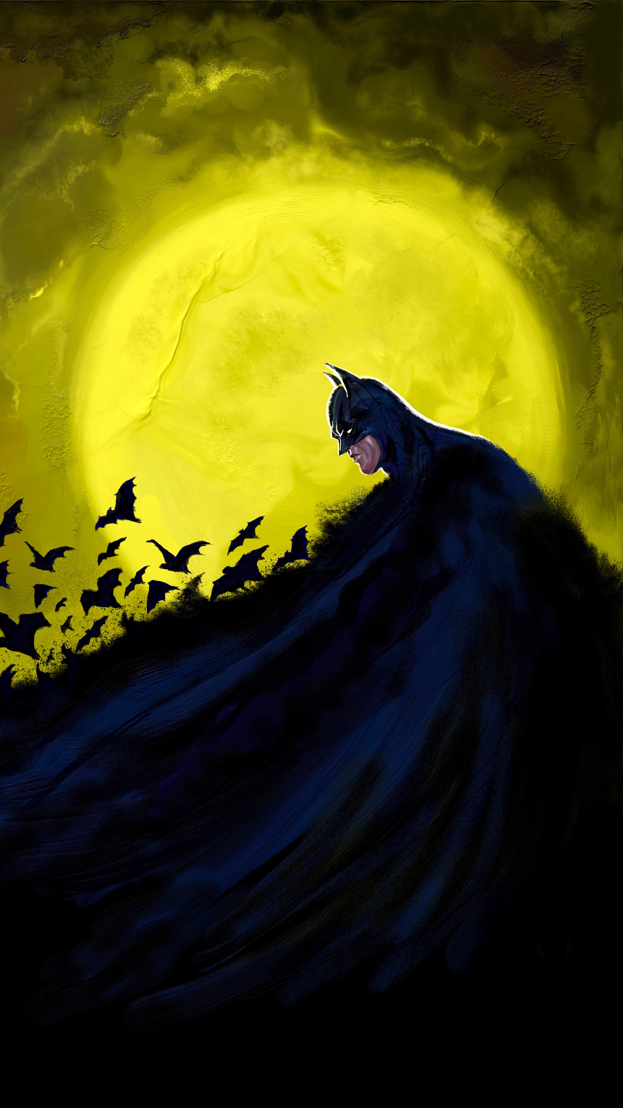 Batman artwork with bats and a large moon HD Phone Wallpaper