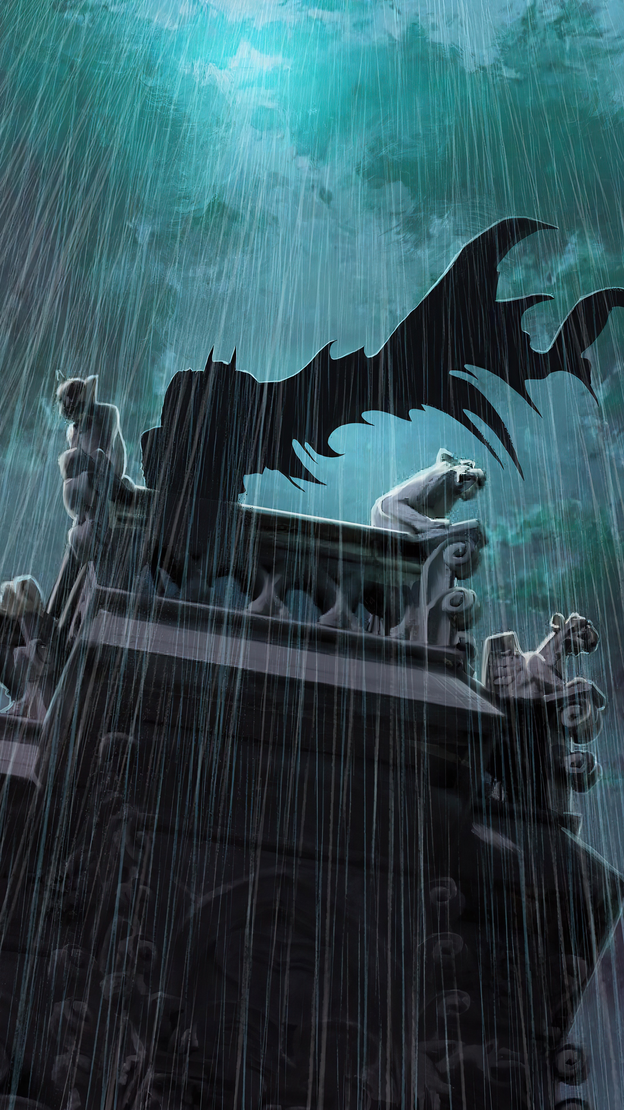Batman from DC Comics on a gargoyle in the rain HD Phone Wallpaper