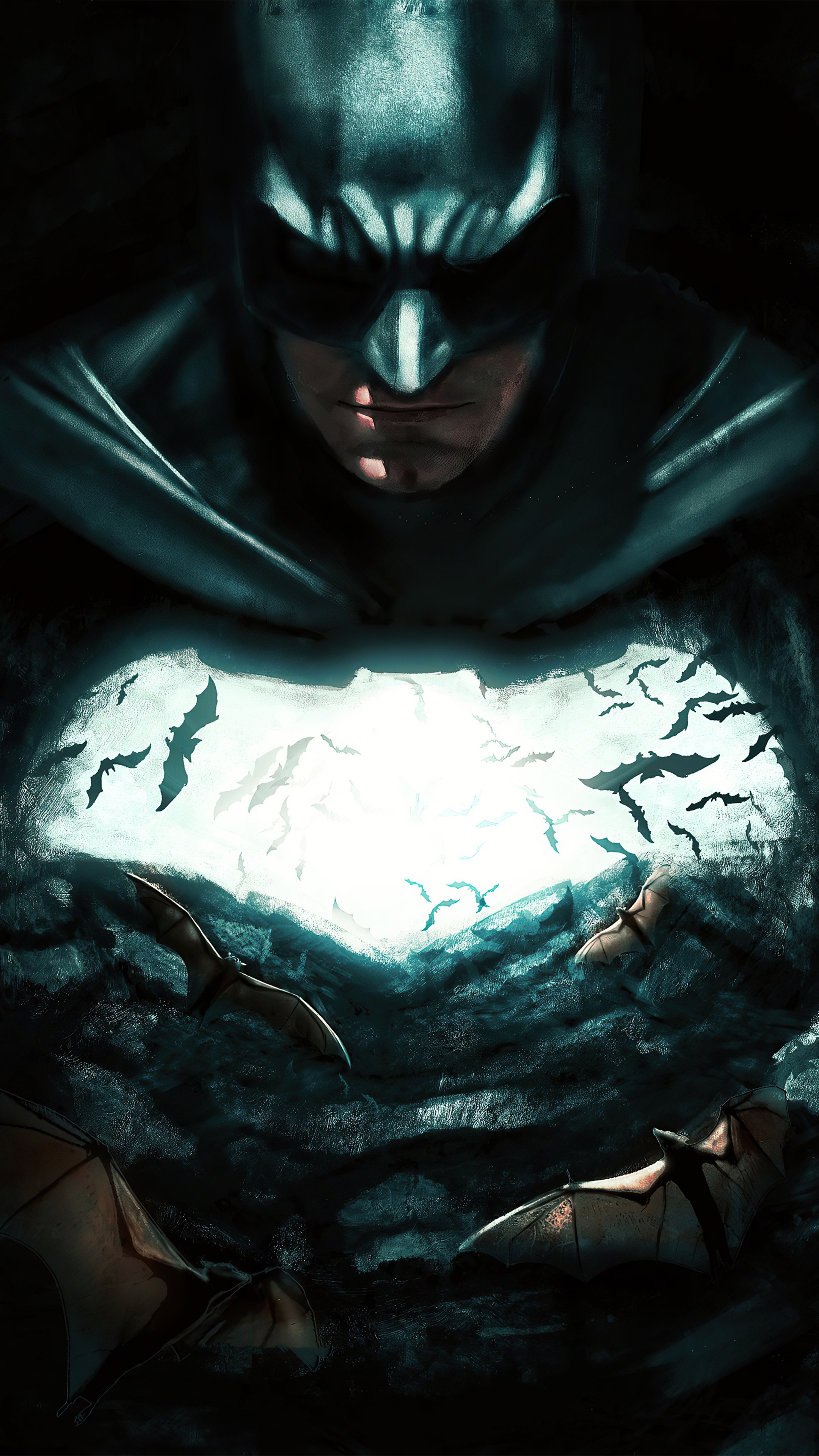 Batman with bats in a cave 4K HD Phone Wallpaper