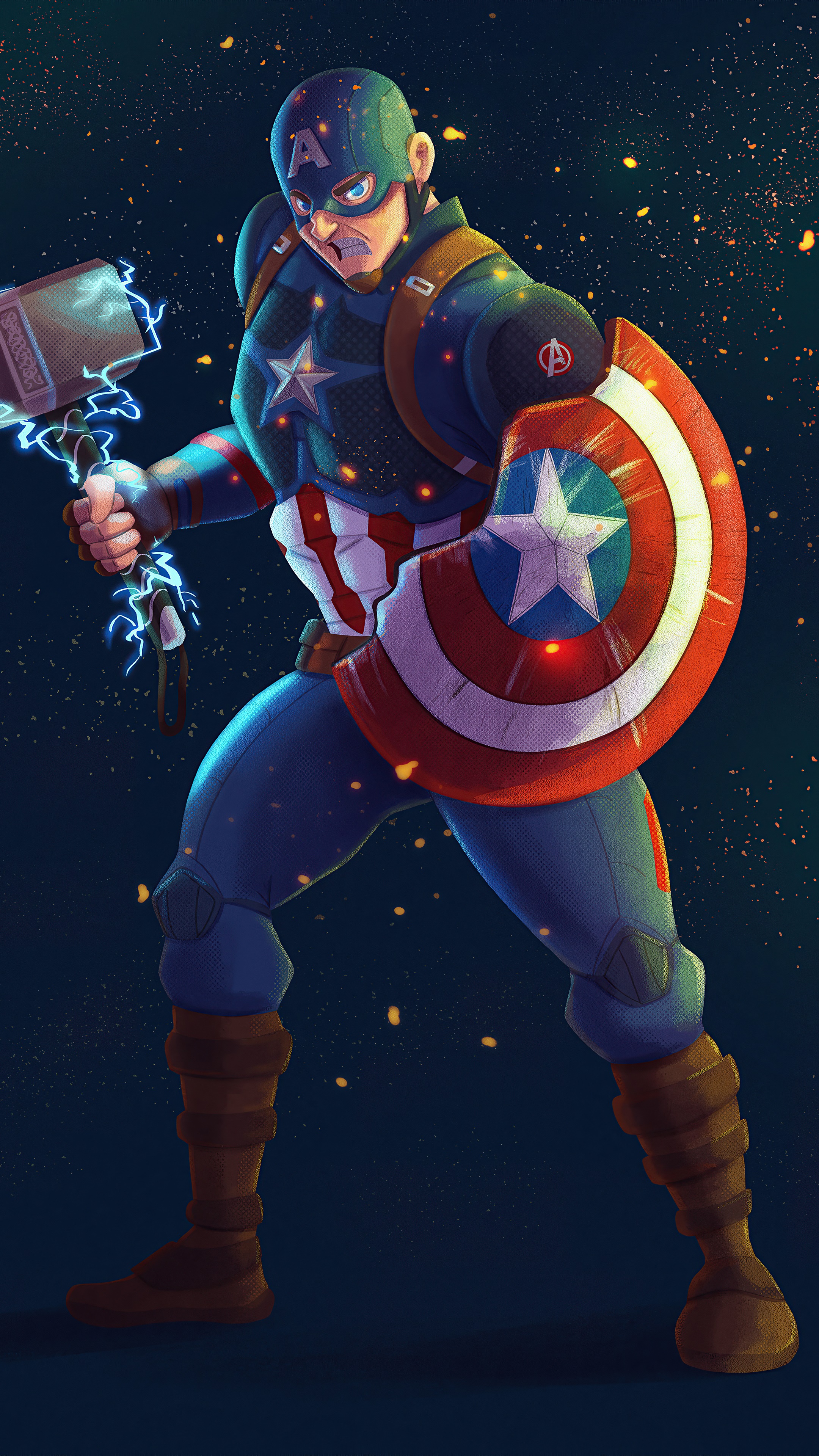 Captain America from Marvel holding Mjolnir and shield HD Phone Wallpaper