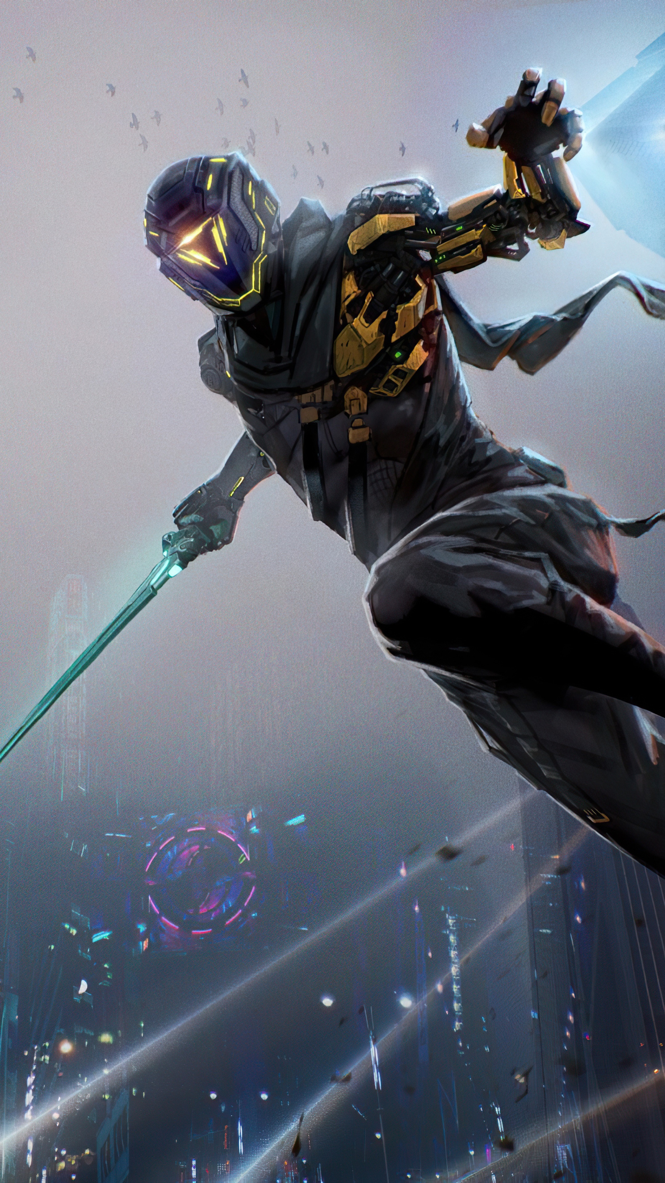 Ghostrunner in a futuristic city HD Phone Wallpaper