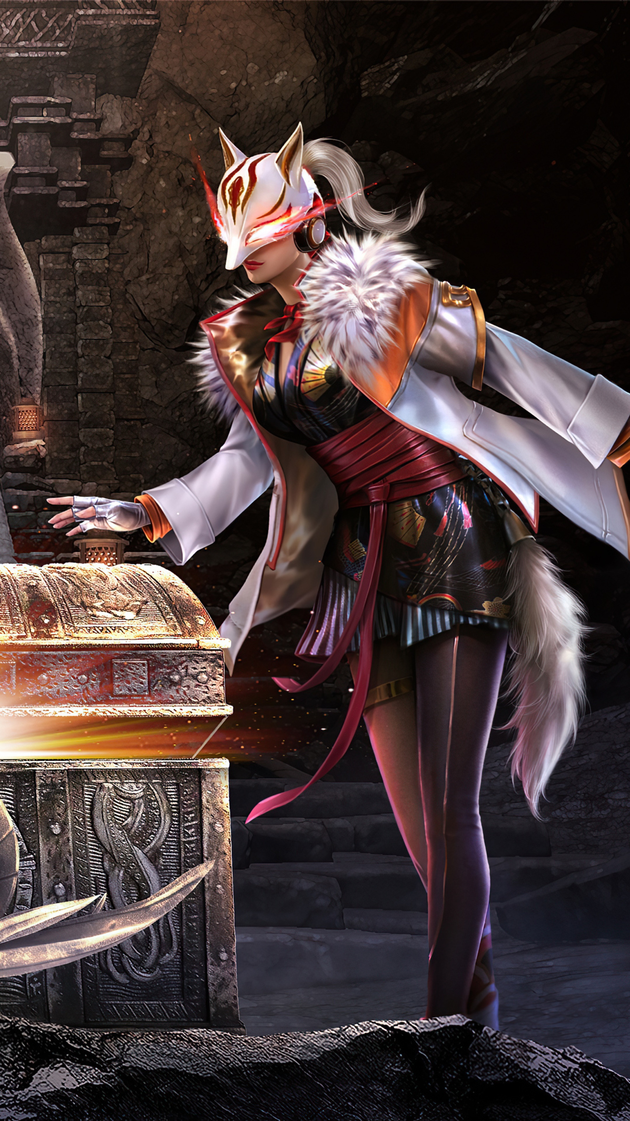 Character in fox mask opening a treasure chest HD Phone Wallpaper