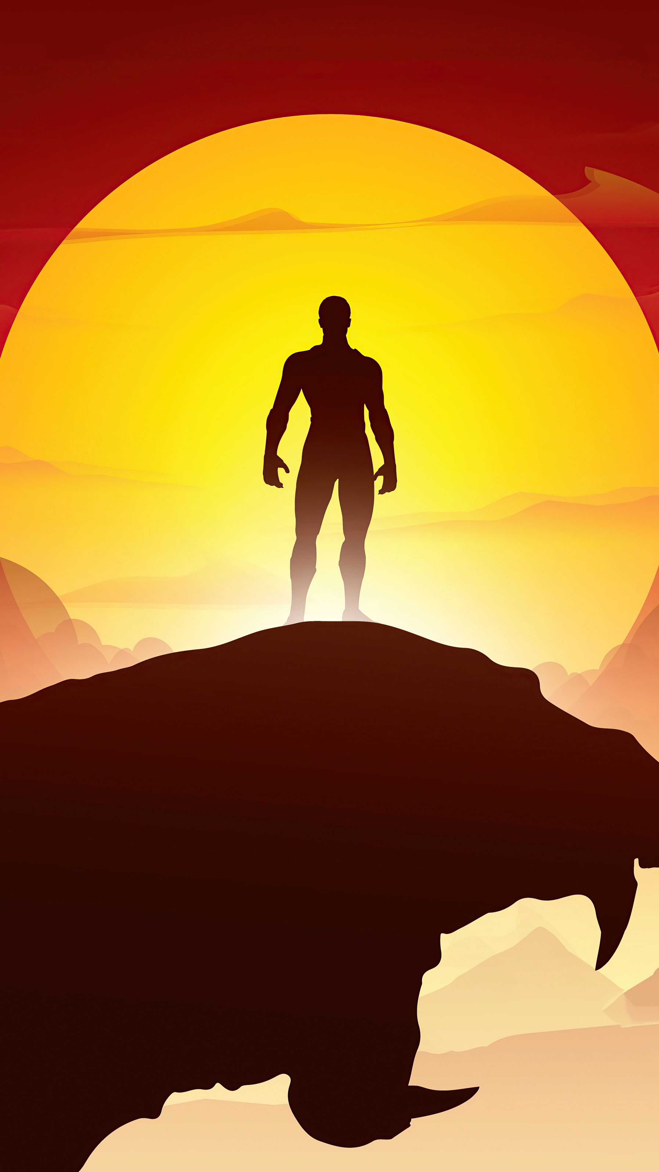 Silhouette of a man standing on a mountain peak with a large sun behind him HD Phone Wallpaper