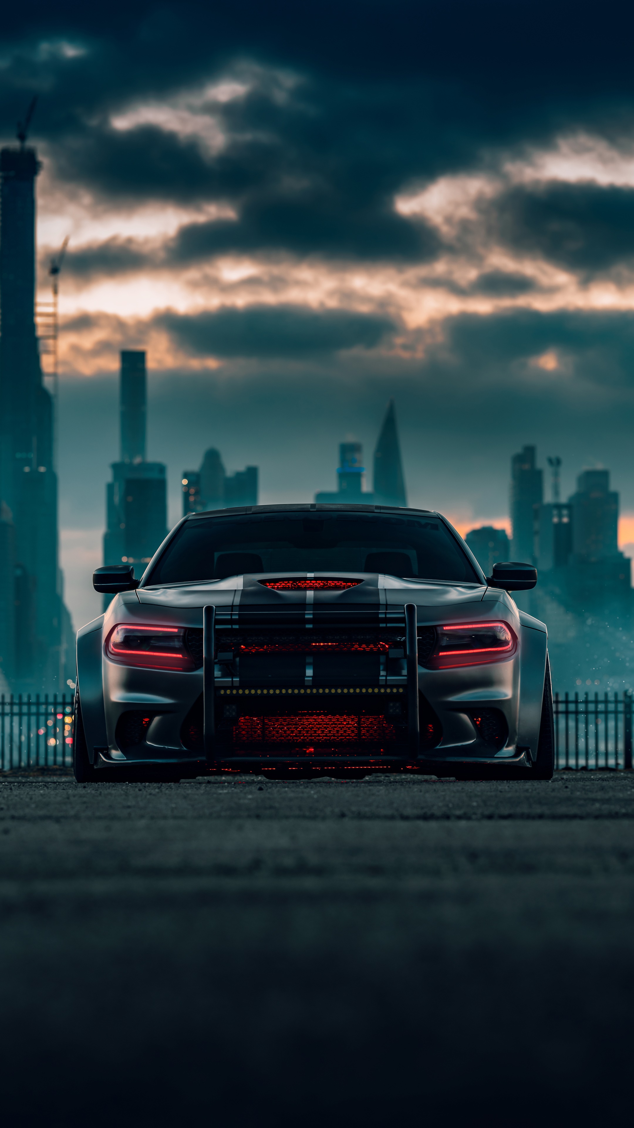 Modified Dodge Charger with bull bar and city skyline HD Phone Wallpaper