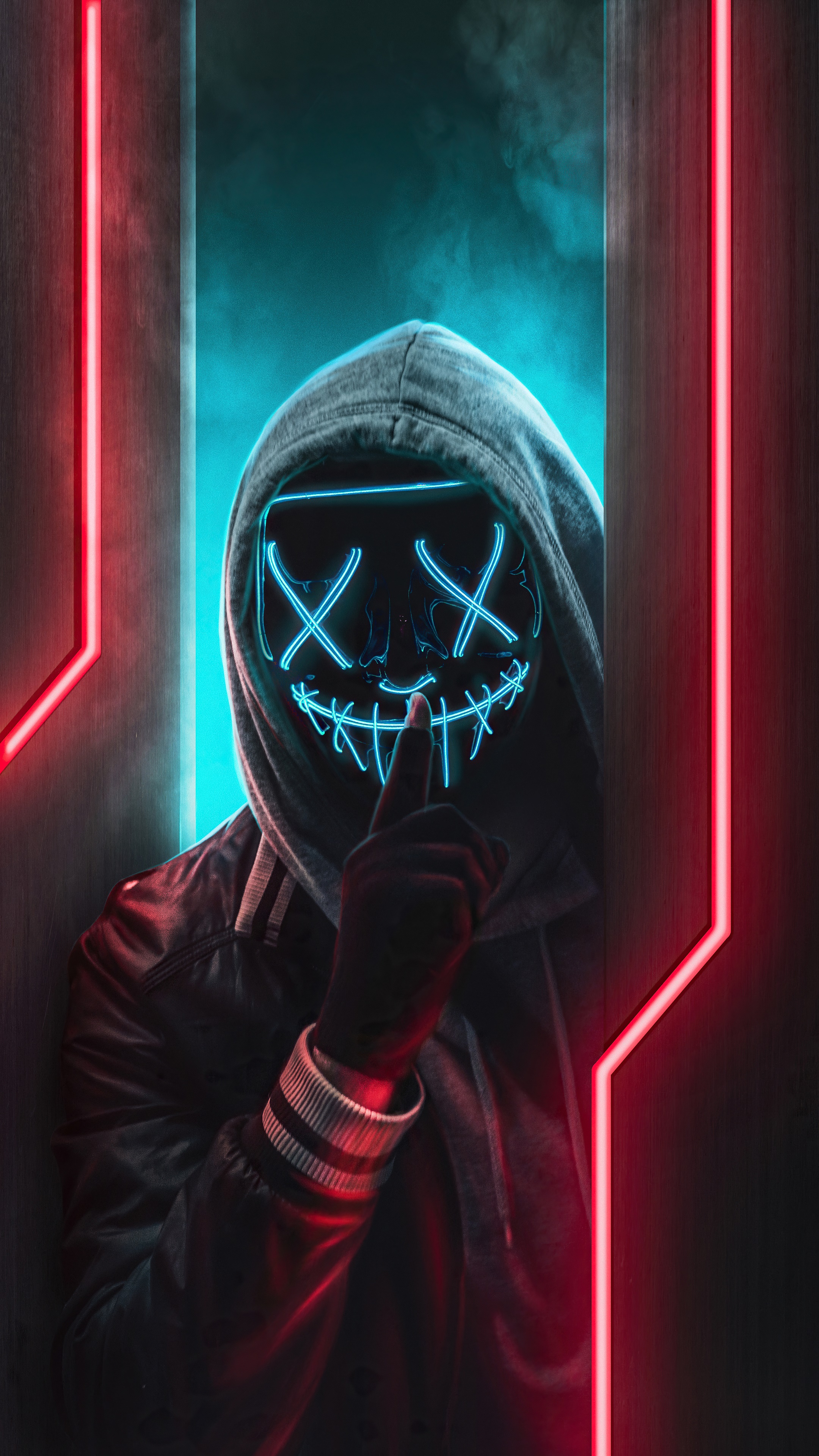 Person in a neon mask with a hood HD Phone Wallpaper