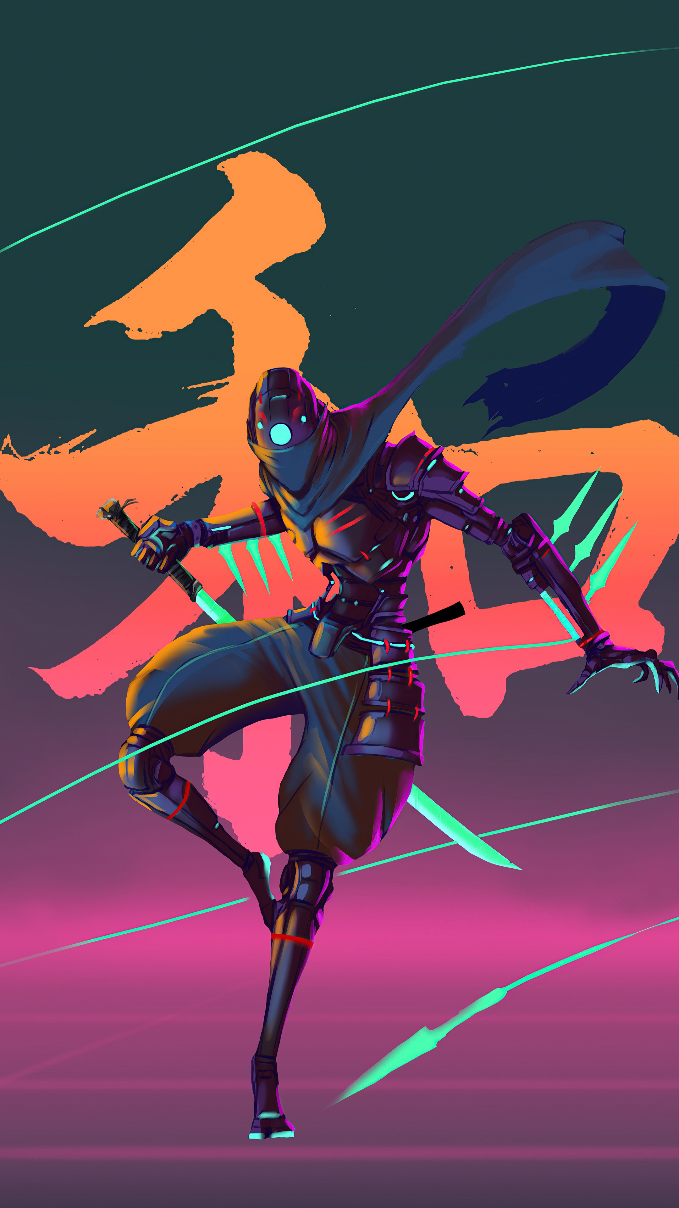 Cyberpunk Ninja with Swords and Japanese Calligraphy HD Phone Wallpaper