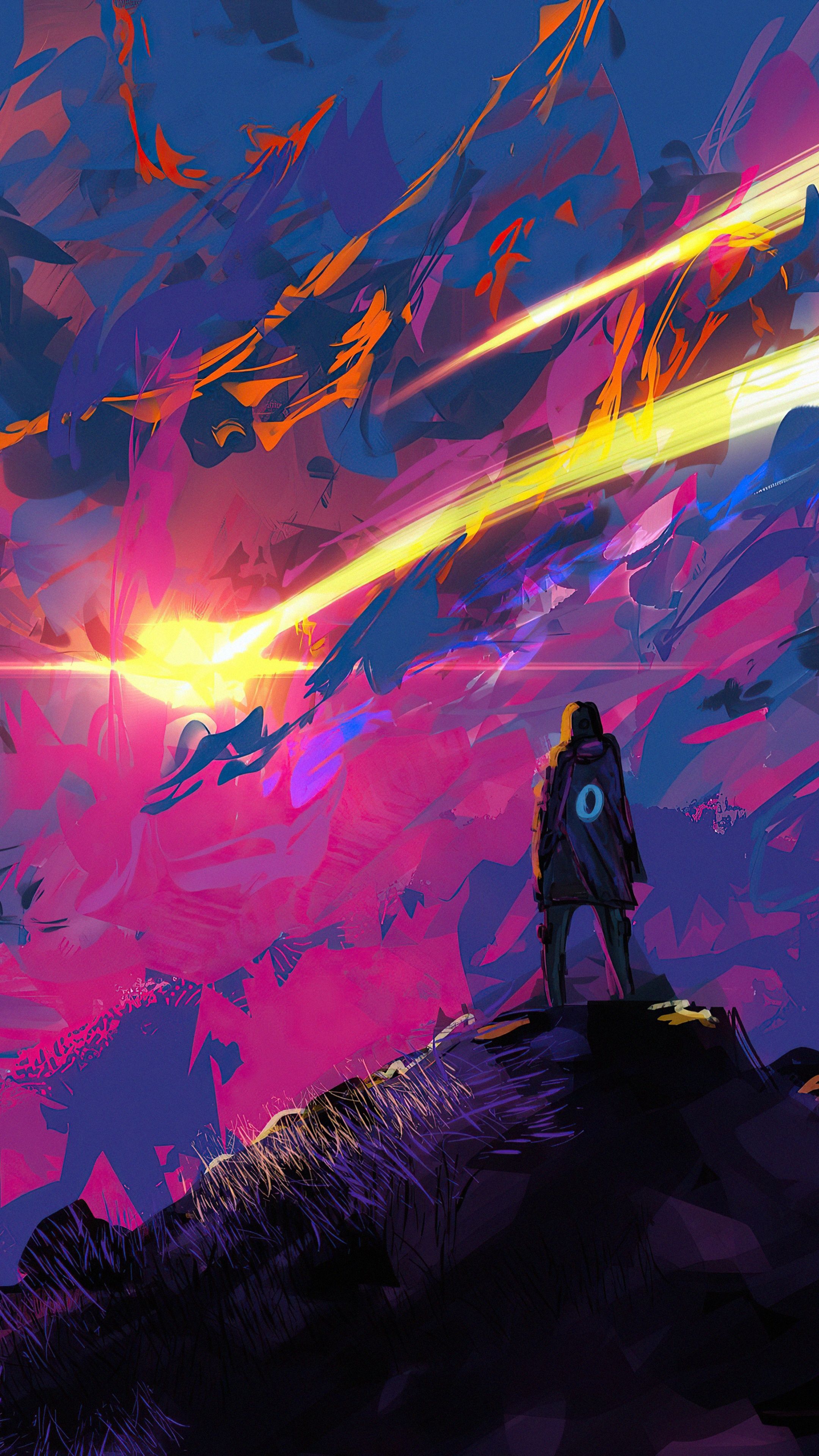 Person standing on a mountain overlooking a colorful landscape HD Phone Wallpaper