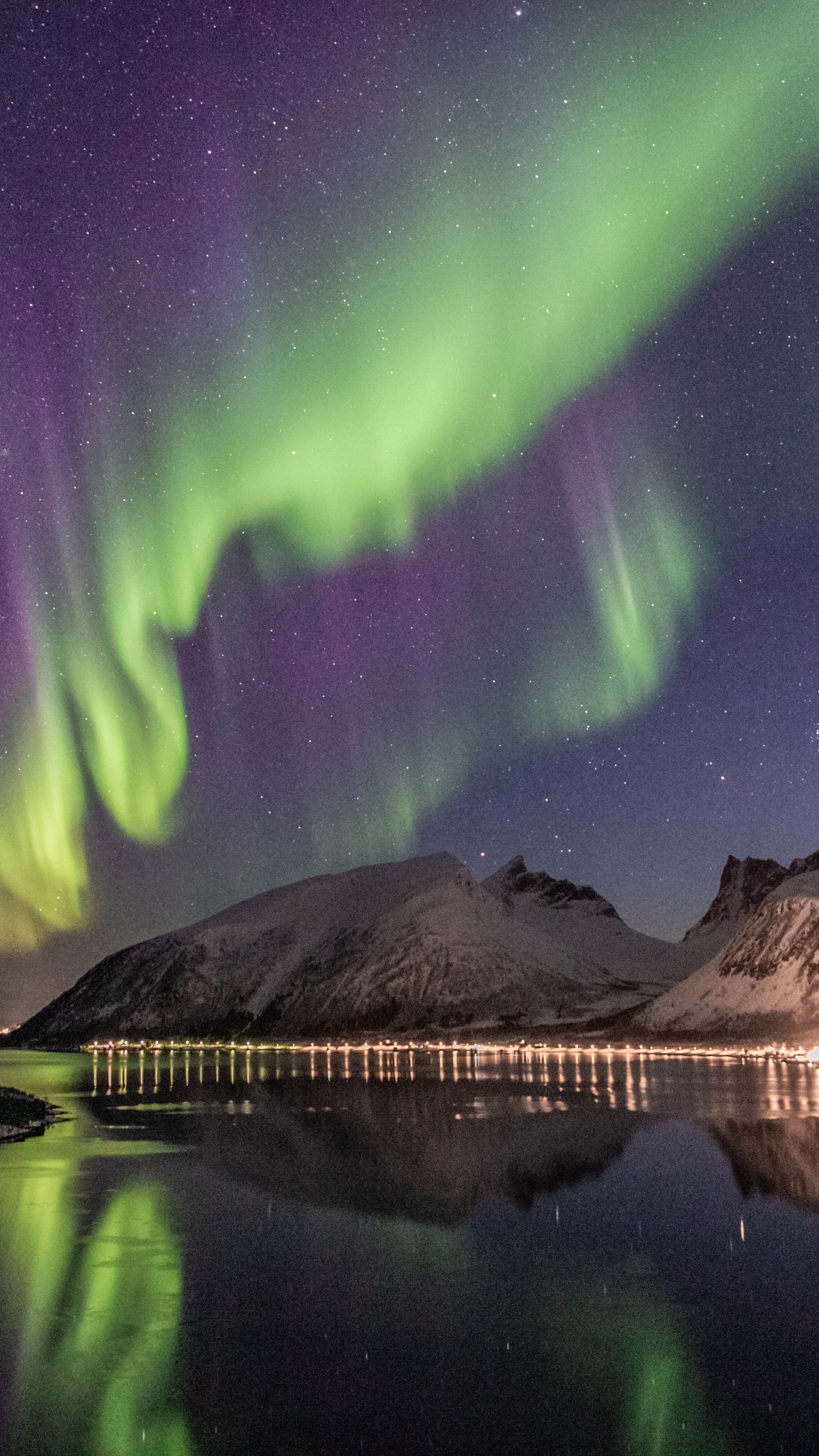 Aurora Borealis over snow-capped mountains and lake HD Phone Wallpaper