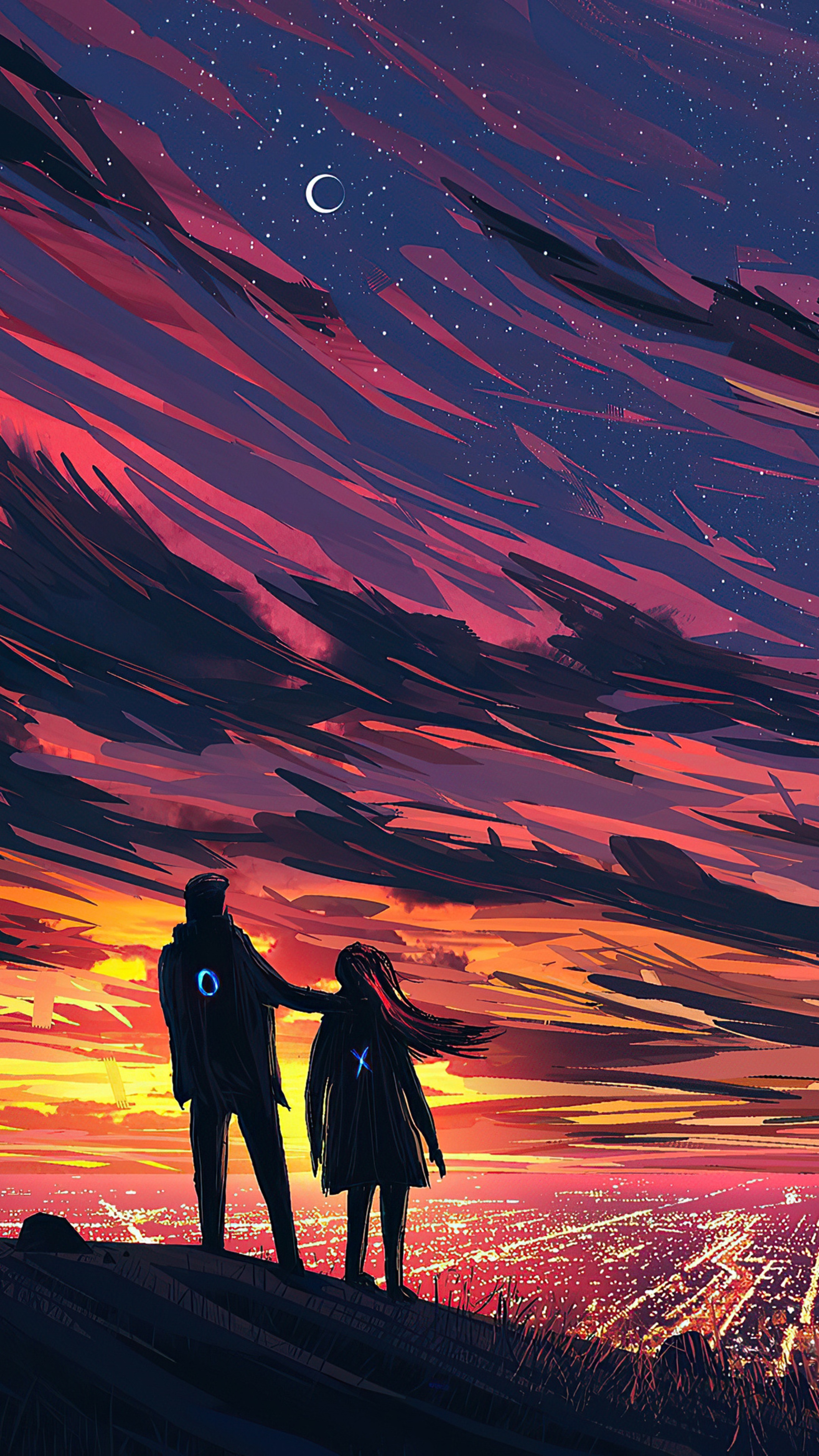 Couple watching city lights under a starry sky HD Phone Wallpaper