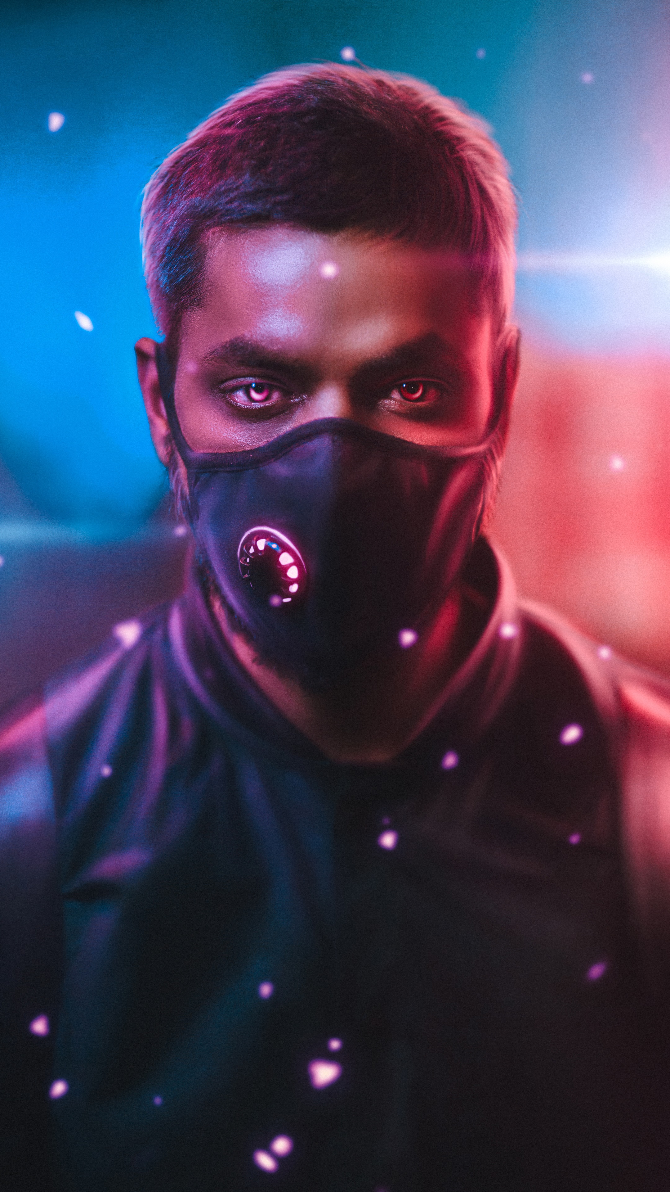 Cyberpunk man wearing a mask with glowing lights HD Phone Wallpaper