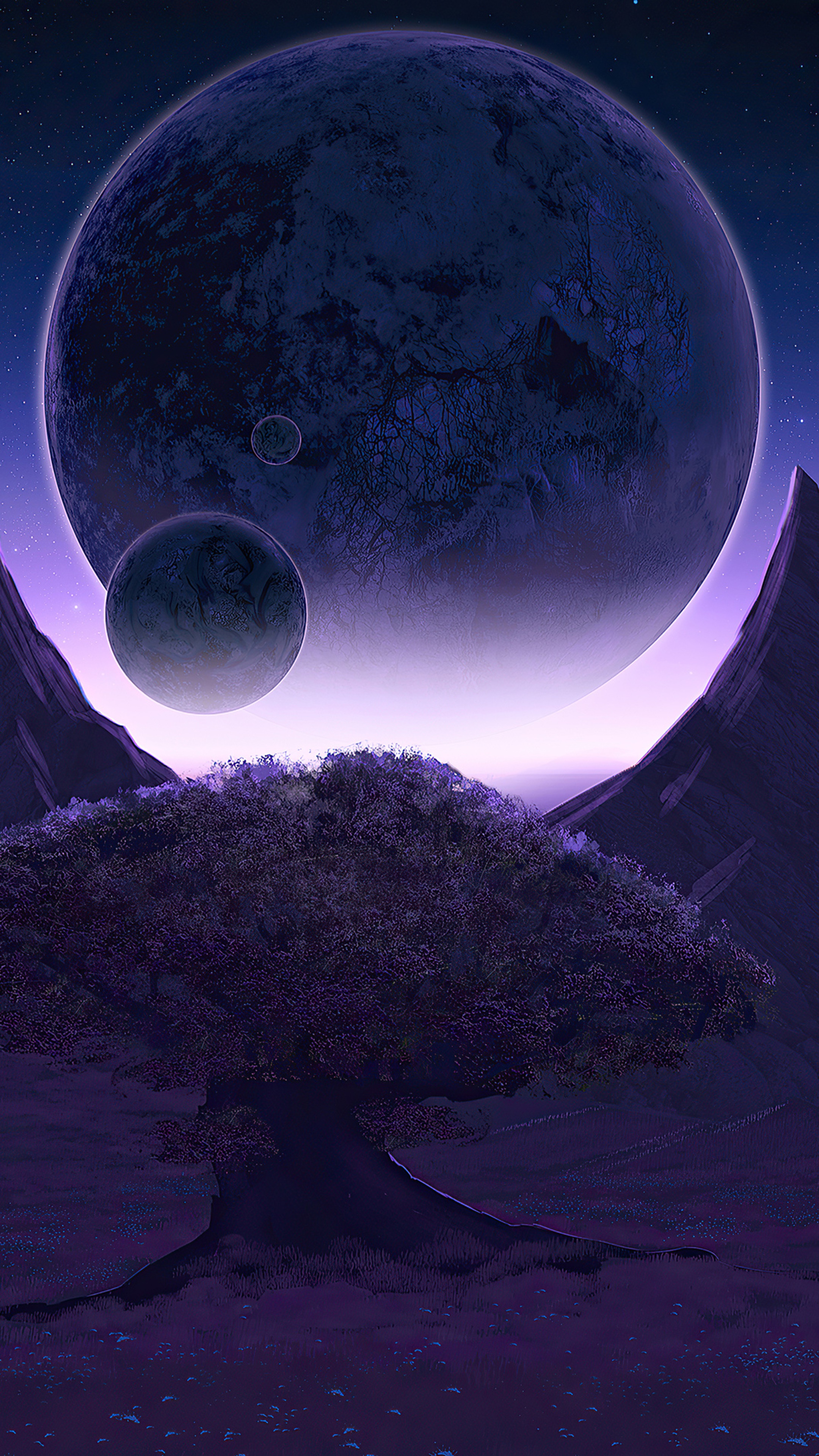 Alien landscape with planets and a tree HD Phone Wallpaper
