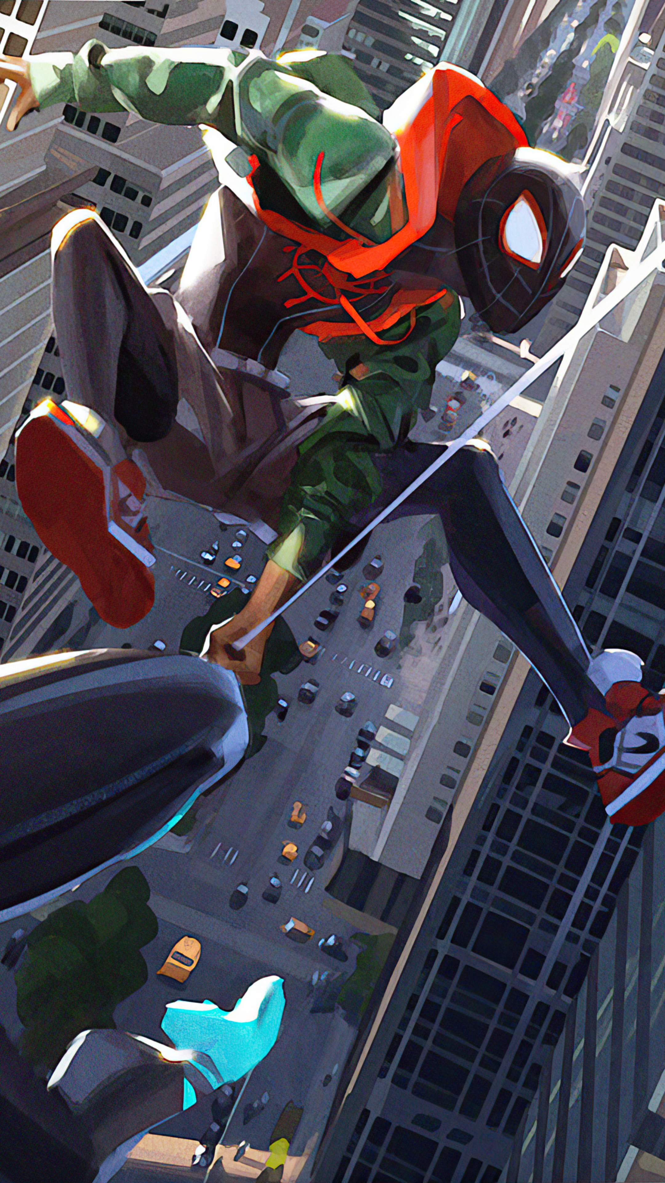 Miles Morales Spider-Man swinging through a city HD Phone Wallpaper