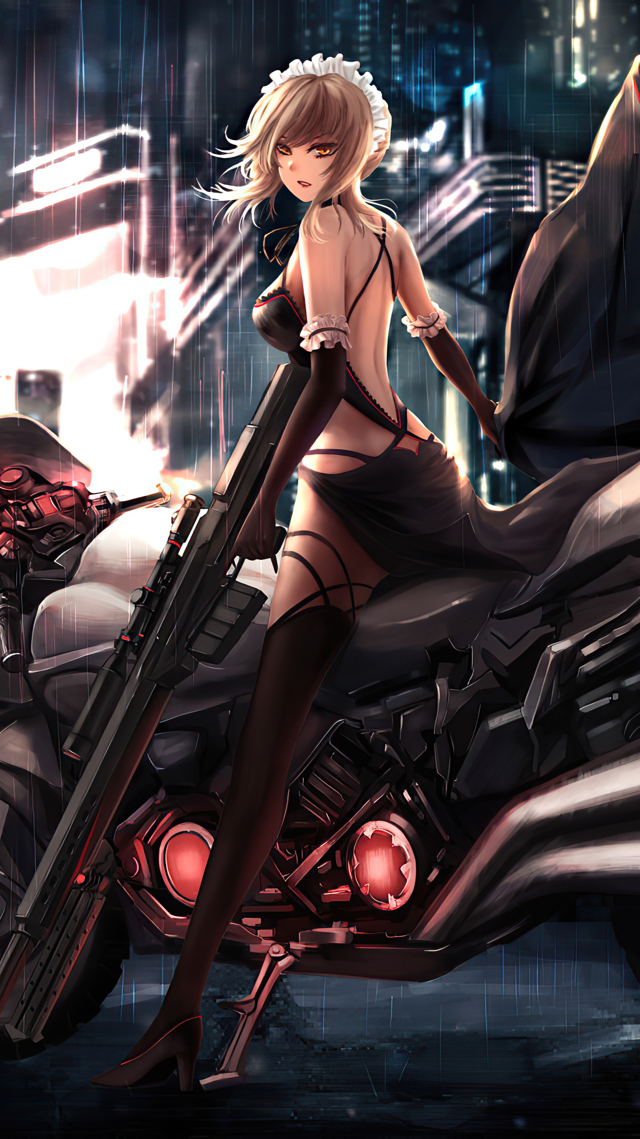 Anime girl with sniper rifle on motorcycle in cyberpunk city HD Phone Wallpaper