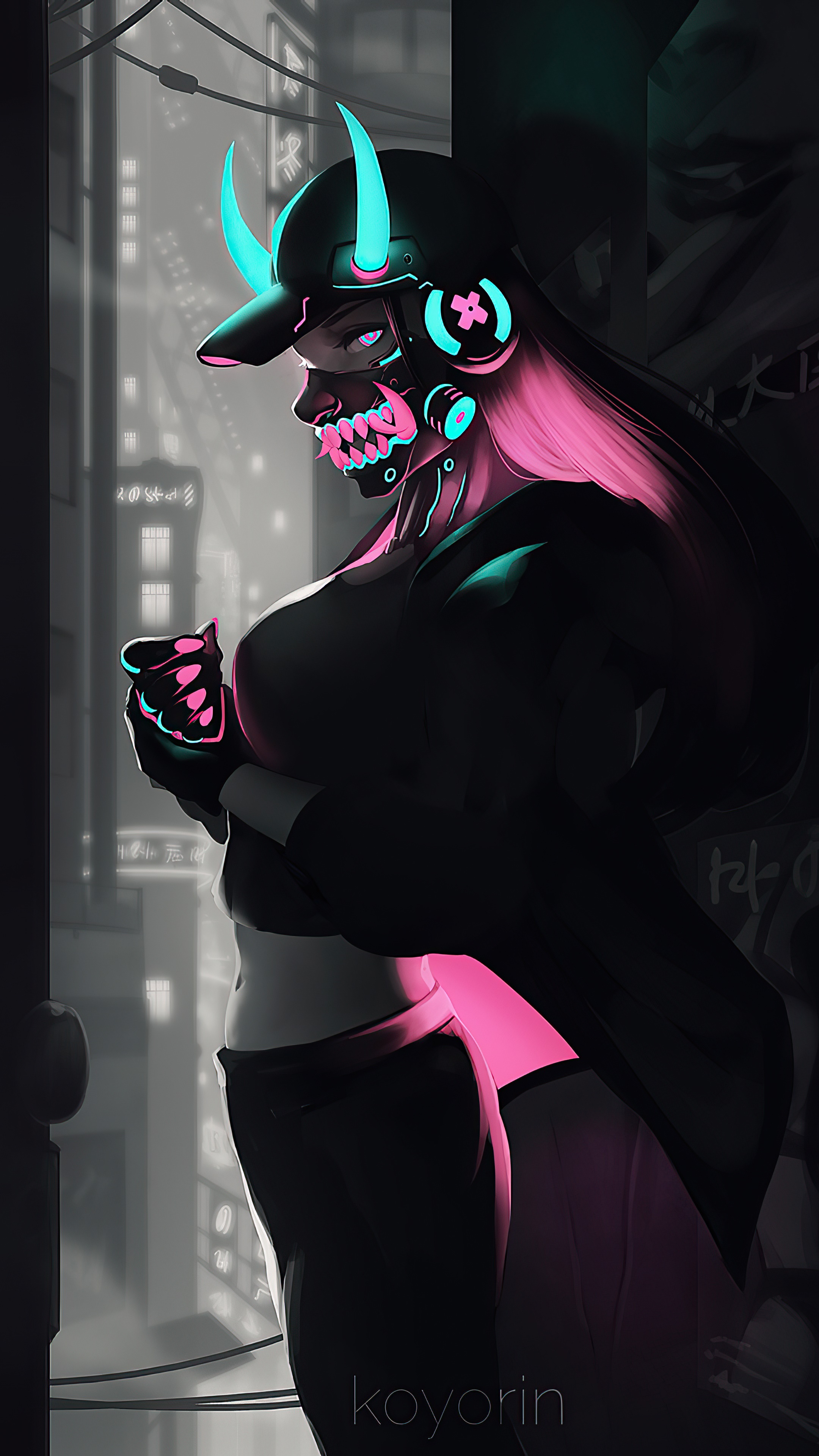 Cyberpunk Oni Masked Woman with Pink Hair HD Phone Wallpaper