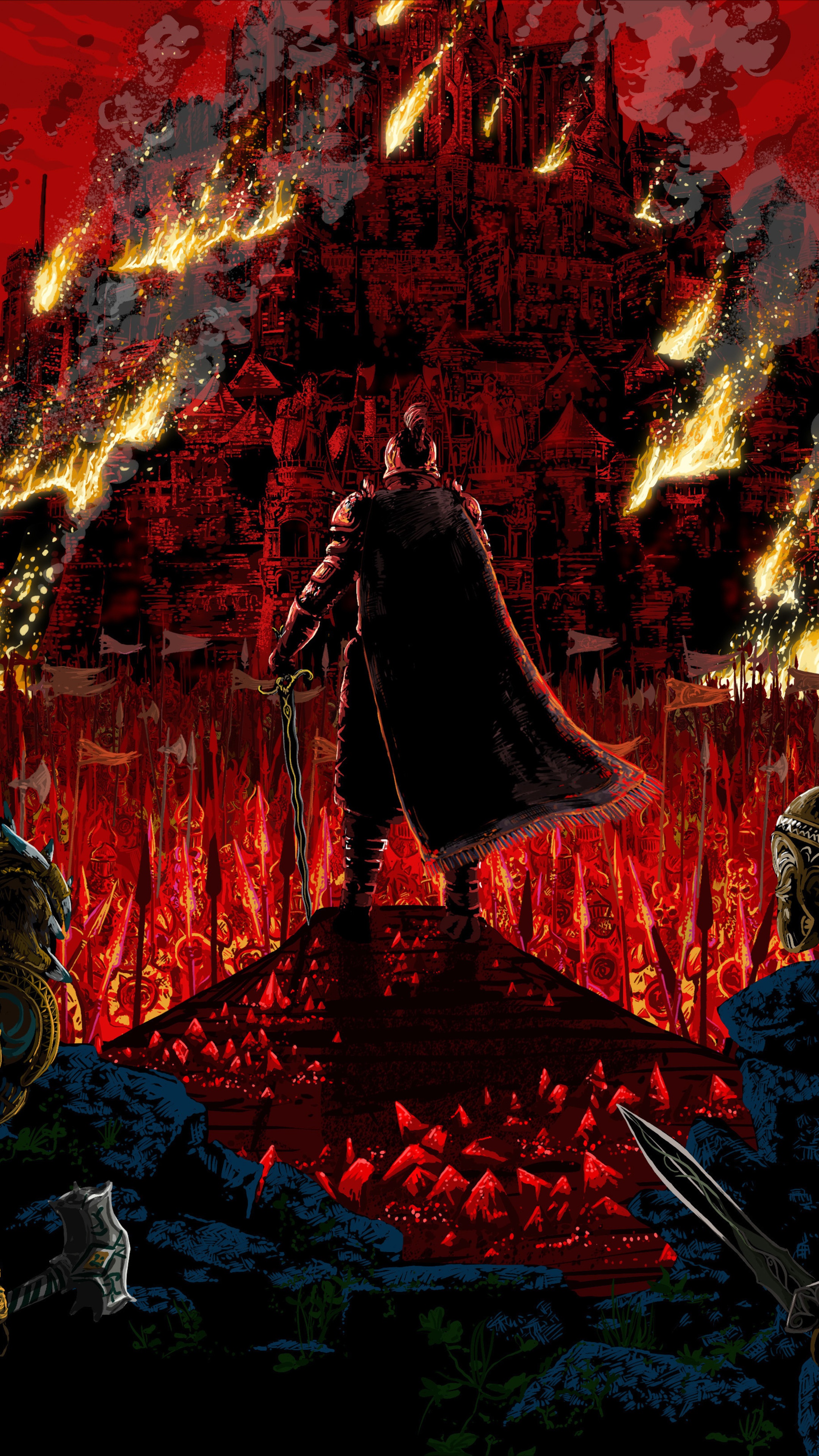 Knight overlooking burning castle and army HD Phone Wallpaper