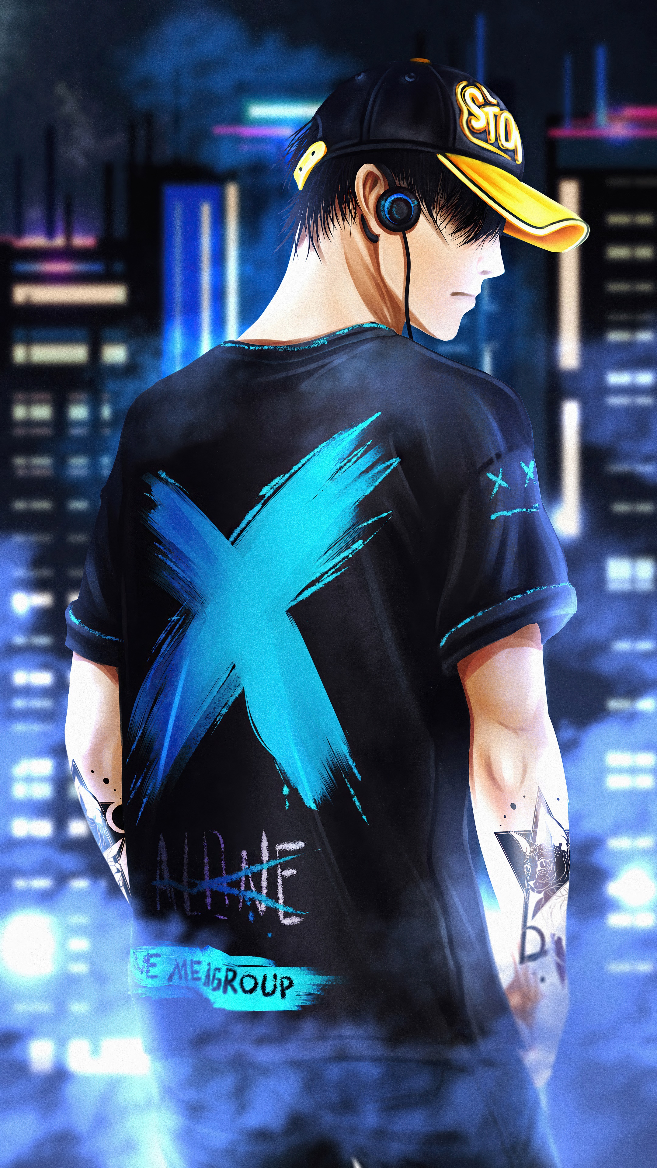 Anime boy with headphones and cap in city HD Phone Wallpaper