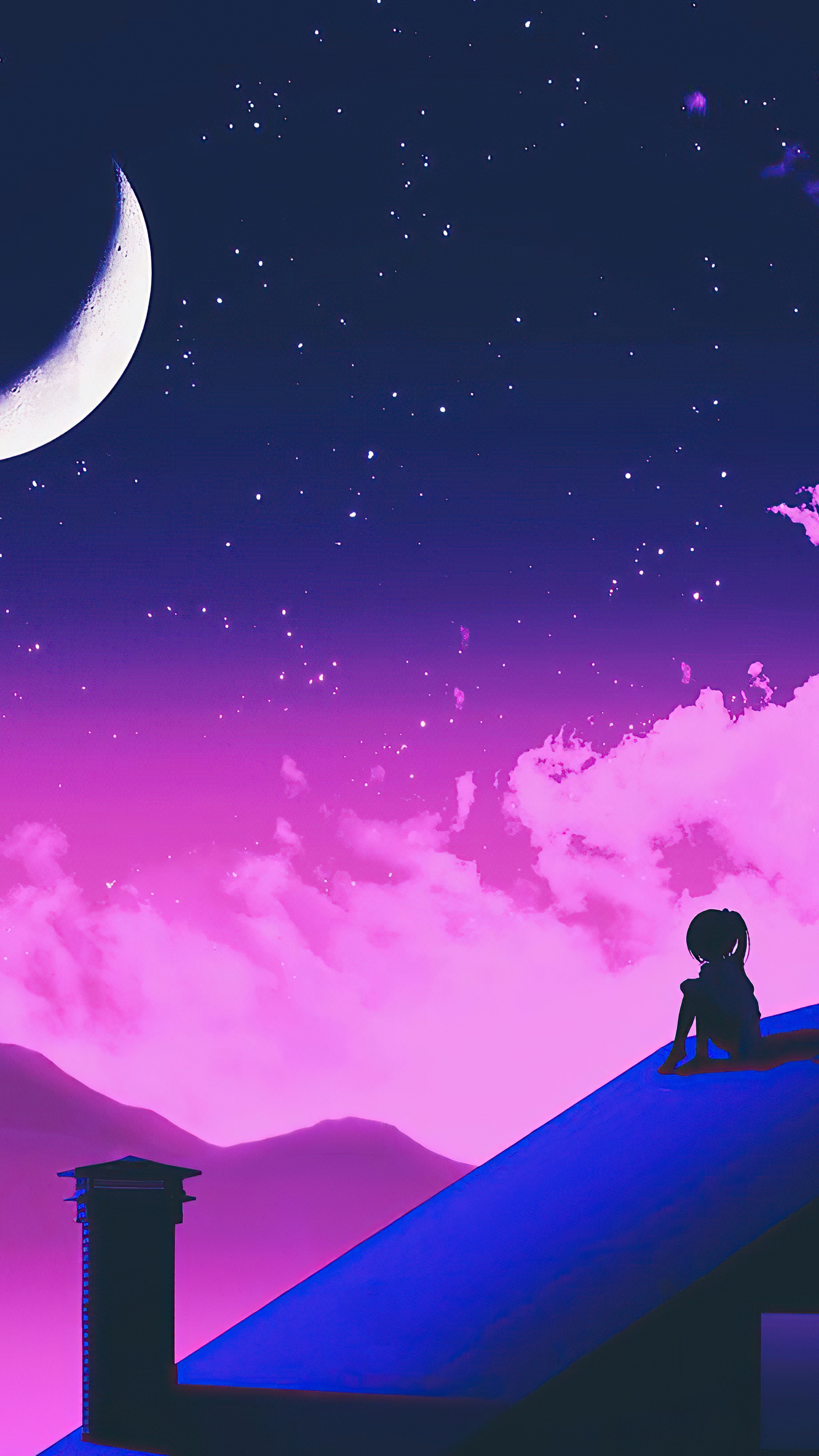 Anime girl sitting on a rooftop under a crescent moon HD Phone Wallpaper